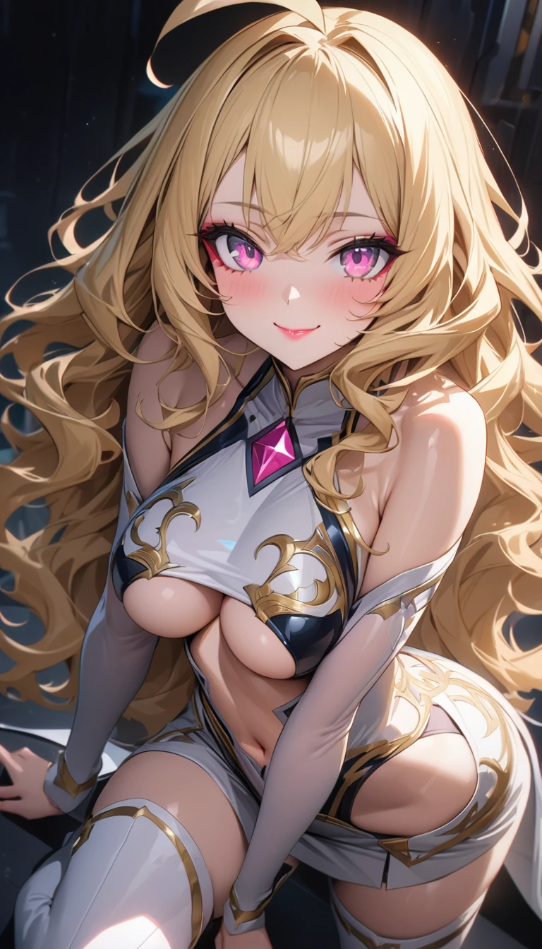 (Perfect Anatomy)、Mastepiece、Ultra High Quality、 8k、masterpiece、Highest quality、Ultra-high resolution、Maximum resolution、Very detailed、Professional Lighting、anime、woman、thin、Very beautiful face、Very beautiful eyes、(Highly detailed eye)、Highly detailed face、Blonde, (ahoge), wavy hair, Pink eyes, (gold hair, green dip-dye hair), stomach cutout, thigh boots, high heels, white mini pencil skirt, white off shoulder, makeup, eyeliner, eye shadow, pink cheek, pink lips, smile, underboob, 