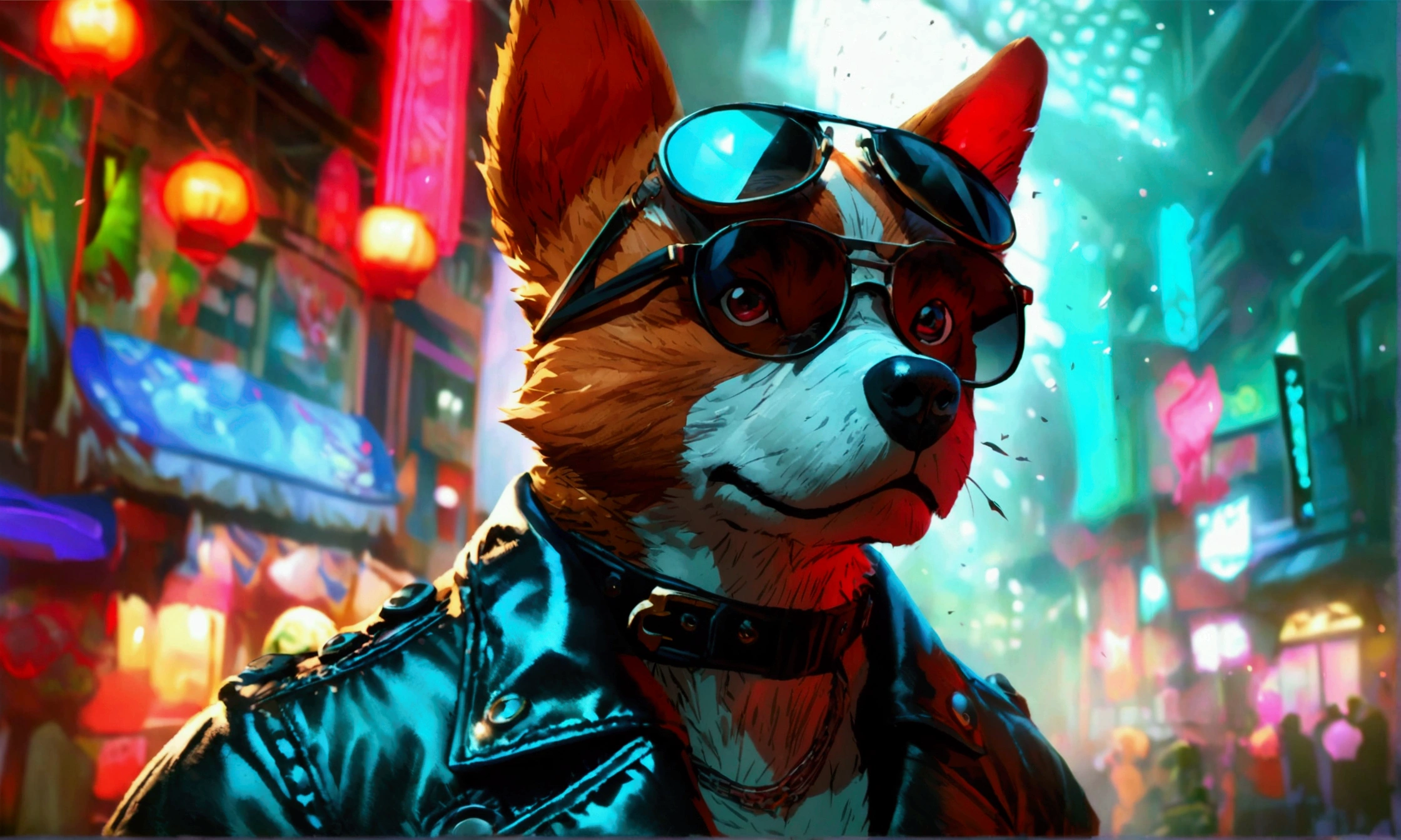Humanoid dog,biker glasses,biker jacket,body scars,angry expression,bar background,"Anime character design inspired by One Piece, full of dramatic and impressive lighting, focus on the centralized character, impressive face, full of creative details, ultra-fine 4K design, scenery bathed in creativity, boasting 2D anime resolution clarity, HD anime graphics, high-octane rendering"