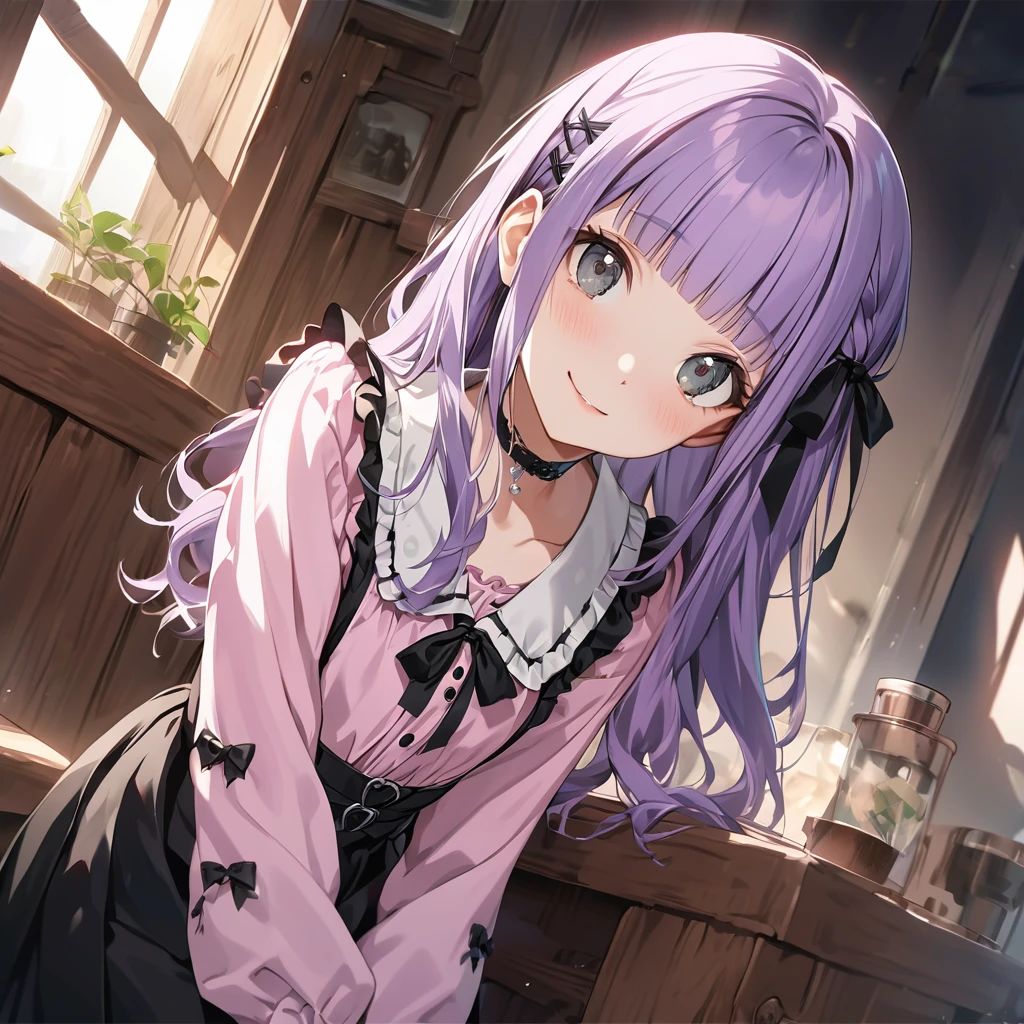 (Cute a girl:1.5), (a girl with pale purple hair, blunt bangs hair, green and black eyes, closs hair pin,
pink shirt,cosplay, jirai kei, bangs, black skirt, black bow, looking at viewer, long sleeves, choker, ribbon:1.4), anime visual, (tilt head:1.3), realistic lighting and shading, (an extremely delicate and beautiful art:1.3),flat chest, smiling,