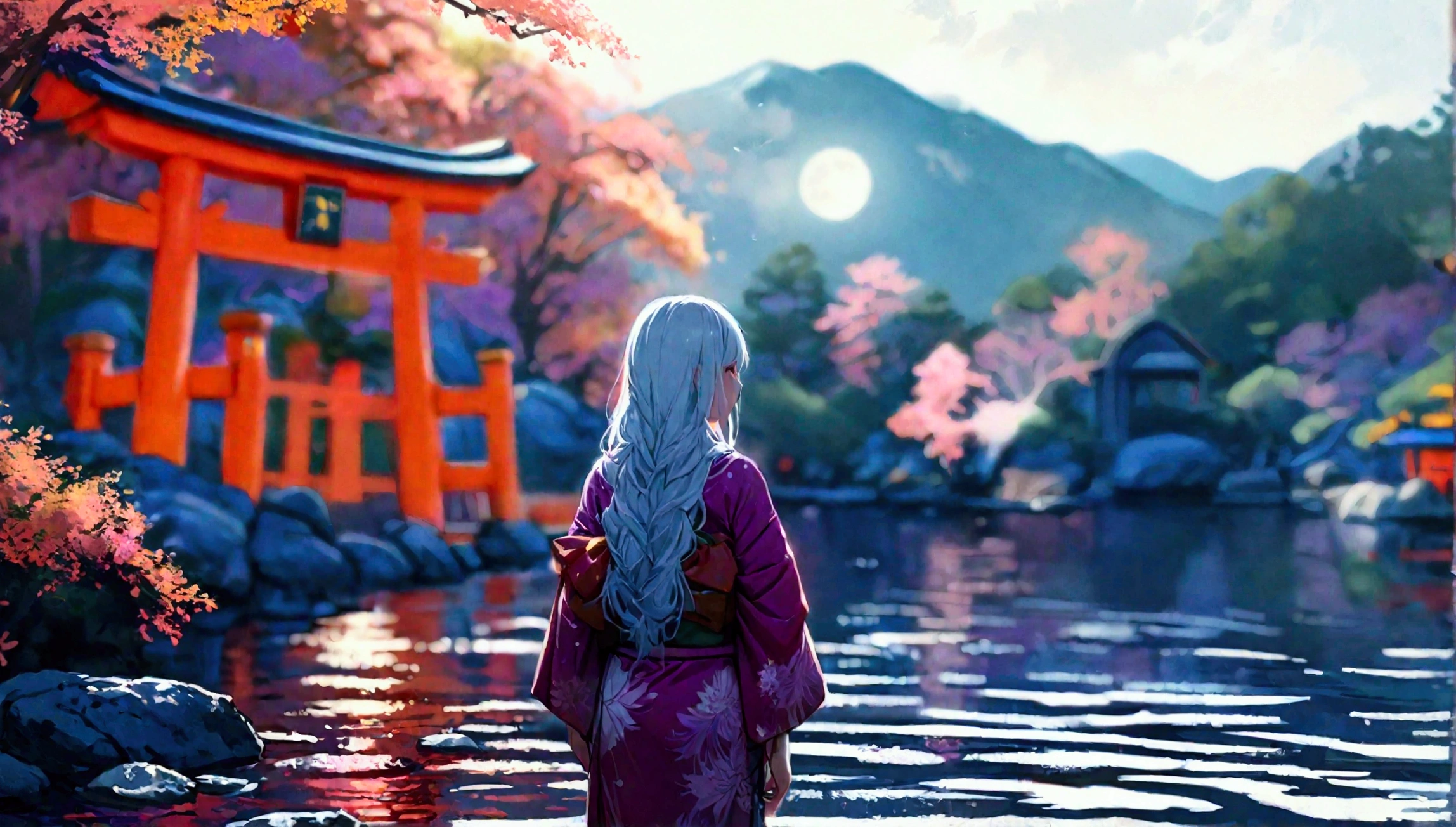 1 futanari, white hair, violet kimono, lake water, evening, shrine gate, full moon