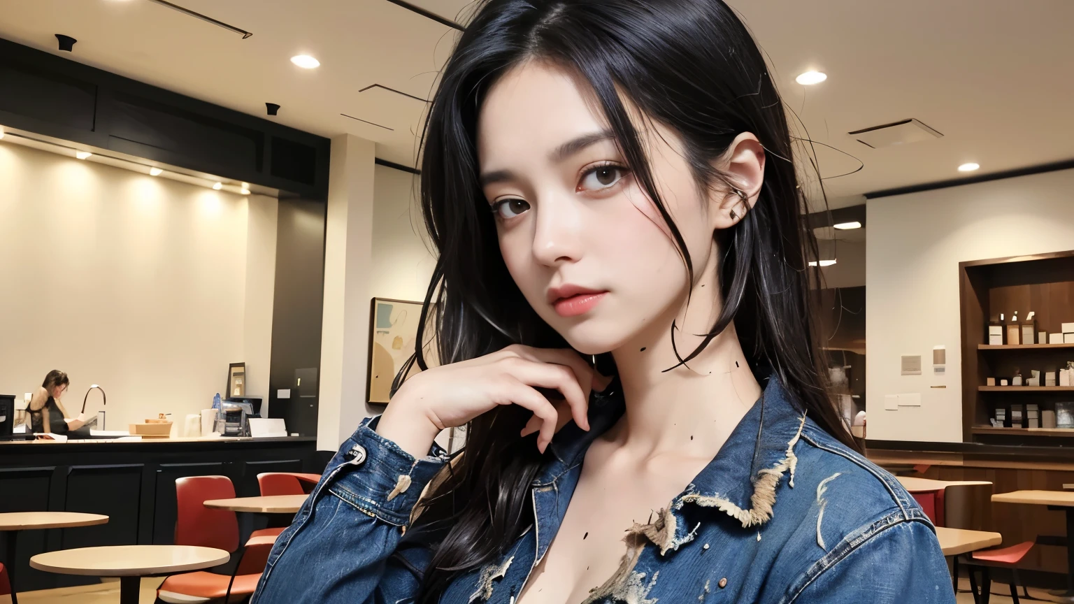 ((masterpiece , Highest quality ,Face Focus)), 27 year old single woman , No tie collared shirt , Denim jeans , thin , Flat Chest , (Black medium hair , (Messy Hair:1.37) , Red eyes , Dark circles under the eyes:1.3) , (Jig eyes , Expressionless:1.7) , (smile: 0.1),Photographed inside the cafe,Stylish cafe interior,