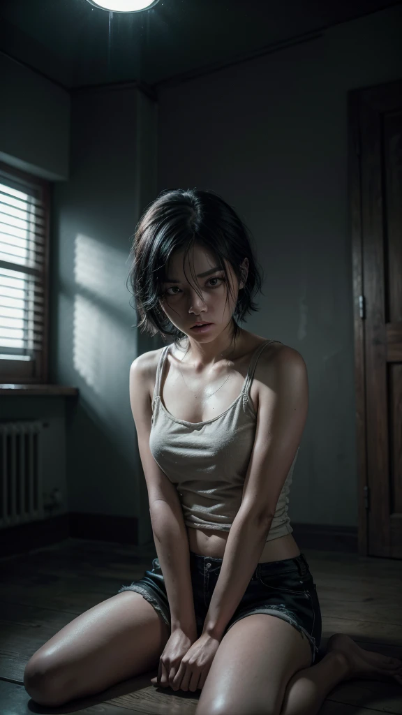 a girl trapped in a small, bare, prison room, short black hair, shorts, scared, crying, hands tied with rope, hungry, dark space, dim lighting, sitting on the floor, (best quality,4k,8k,highres,masterpiece:1.2),ultra-detailed,(realistic,photorealistic,photo-realistic:1.37),extremely detailed eyes and face,longeyelashes,dramatic lighting,moody atmosphere,high contrast,muted colors