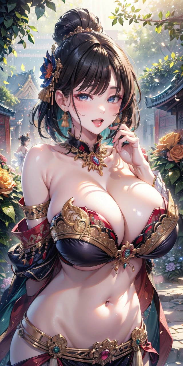 (Masterpiece:1.5), (((High qualityสุด, best quality, High quality))), ((There are complicated details.., very detailed, Crazy details)), height, 32K, วอลล์เปเปอร์ความสามัคคี CG 8k ที่มีvery detailed., (beautiful and beautiful:1.2),, (depth of field:1.3), (flawless.:1.3), (Showing subtle details:1.4),
(((Abundant natural light, Delightful bright colors))), (Ambient volumetric backlight:1.5),  (Illustration of a very beautiful young woman:1.3),
(upper body:1.4), (perfect center:1.4), (((ท่าThai Dance, movie corner))),
(2milf:1.5), ((((2 girls,beautiful girl),
beautiful beautiful face, [(detailed face:1.2):0.2], Bright eyes, pureerosface_Version 1, ulzzang-6500-Version 1.1,  (gag:1.5), (red lips:1.4), (full lips:1.4), (smile:1.3),
flawless attractive body, (((The feminine curves are pronounced..))), Skin glows brightly.., realistic skin, hair follicles, (((Tighten your stomach, navel, Groin:1.3))),(((Traditional Thai dress, strapless, strapless.))),
(((golden thread fluttering.))), (Fringed tassels:1.3), (tight long sleeves:1.4), (Single neck), (The produce shines..:1.5), (Elegant and intricate clothing accessories:1.5), (Gem embroidery work:1.4), (sparkling clothes:1.4), (sparkling particles:1.3), (((The front seam is sagging.., The back seam is sagging.))), (((earring, armband, Hair clips, hair accessories))), (Stand in a magical outdoor garden decorated with gems. Exotic, brightly colored flowers and shrubs.:1.5), (Outside the great ancient palace:1.5), big breasts, (gigantic bust:1.2),Show your breasts,The cracks are clear.....,((big tits))，(pubic bone), rift, visible chest,seductive pose,I see bulging nipples.,(bare breast:1.4),(dance,Thai Dance,ขับnavel,fine)