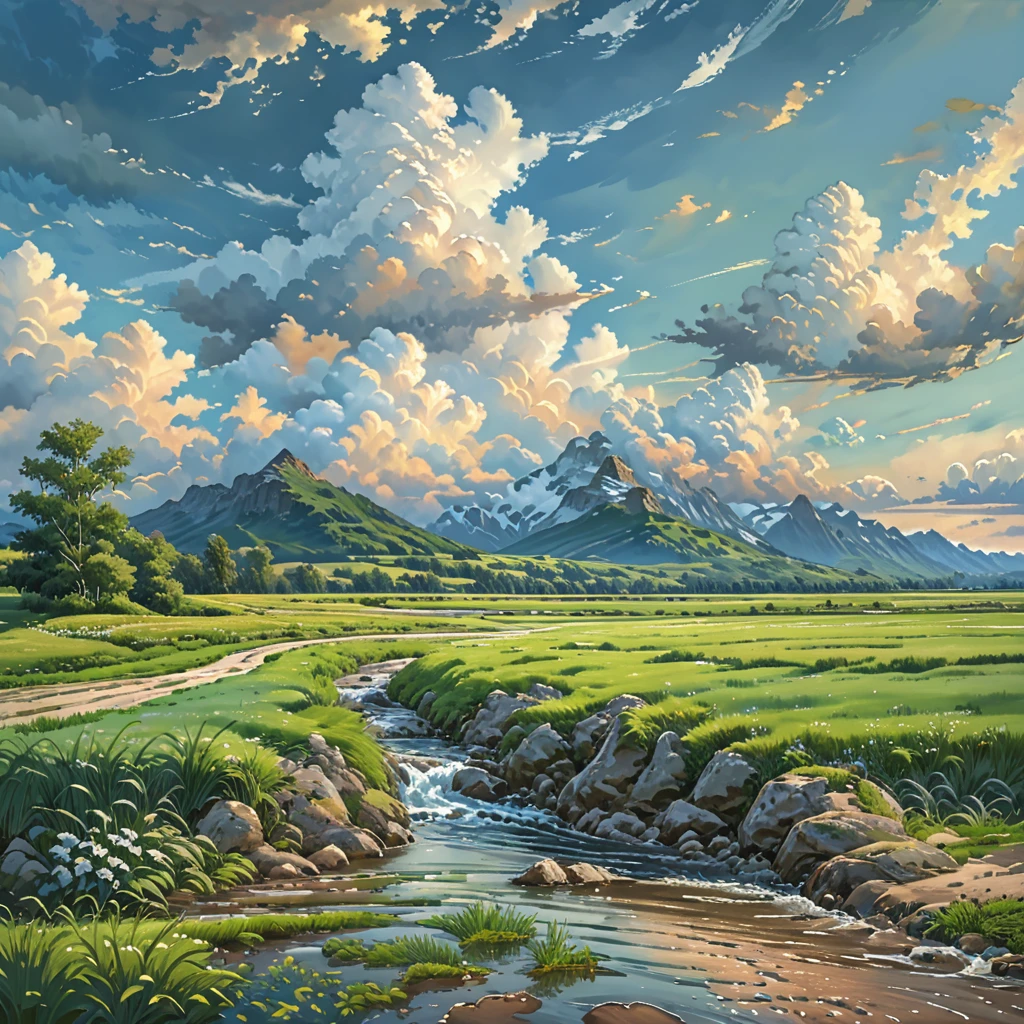 ultra realistic clouds, guy standing, green grass field oild painted, big blue skys, clouds, best quality, 16k, masterpiece, super detail, high details, high quality, award winning