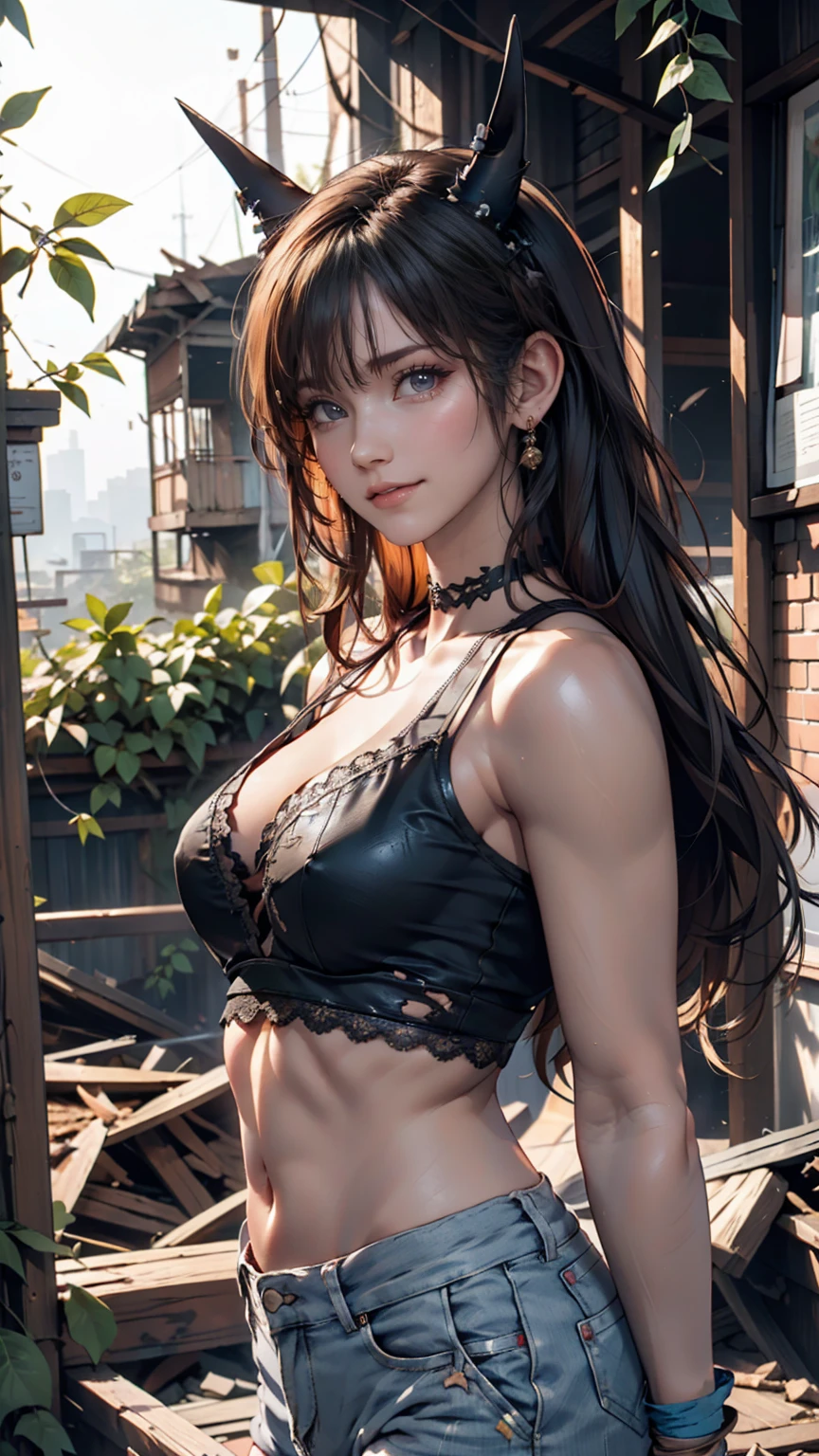 Black Hair, Short Ponytail, Fuji frame, Angel Halo, Devil horns, Variegated eyes, Pointed Ears, smile, Young people, Conceptual Art, realism, Chiaroscuro, Anatomically correct, Textured skin、Black tank top with logo、Lower milk visible、Navel visible、lace wristband、lacy black choker、Leather Hot Pantules、Destroyed and abandoned city ruins background(Collapsed Building、Plants are overgrown、Ivy-covered exterior wall)、Cowboy Shot