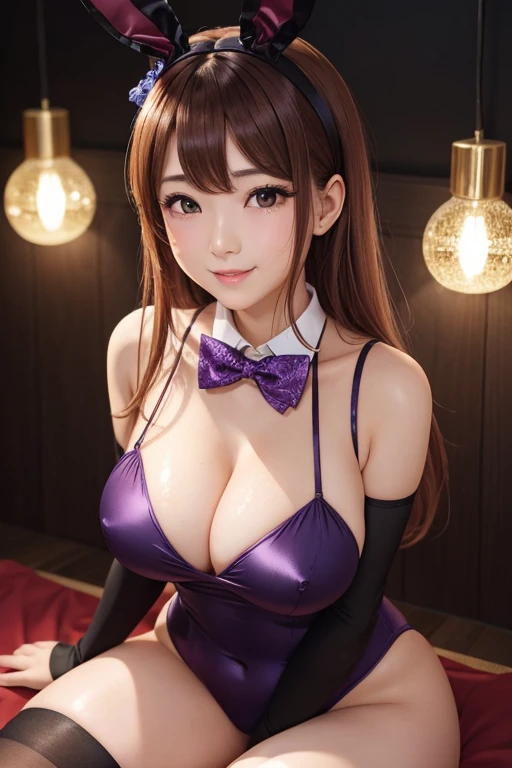 Highest quality、A neat and beautiful face、((Large Breasts:1.2))、Full body photo、((Sweaty 1.5))、((Shiny skin 1.4))、Beautiful lighting、Natural Lip、Red Hair、((Large Breastsの谷間が見える))、((Sexy black and purple bunny suit))、((Bunny ears headband、A bow tie))、Bunny girl、Gorgeous Accessories、Knee-high socks、Cute Smile、Dark Background、Thighs