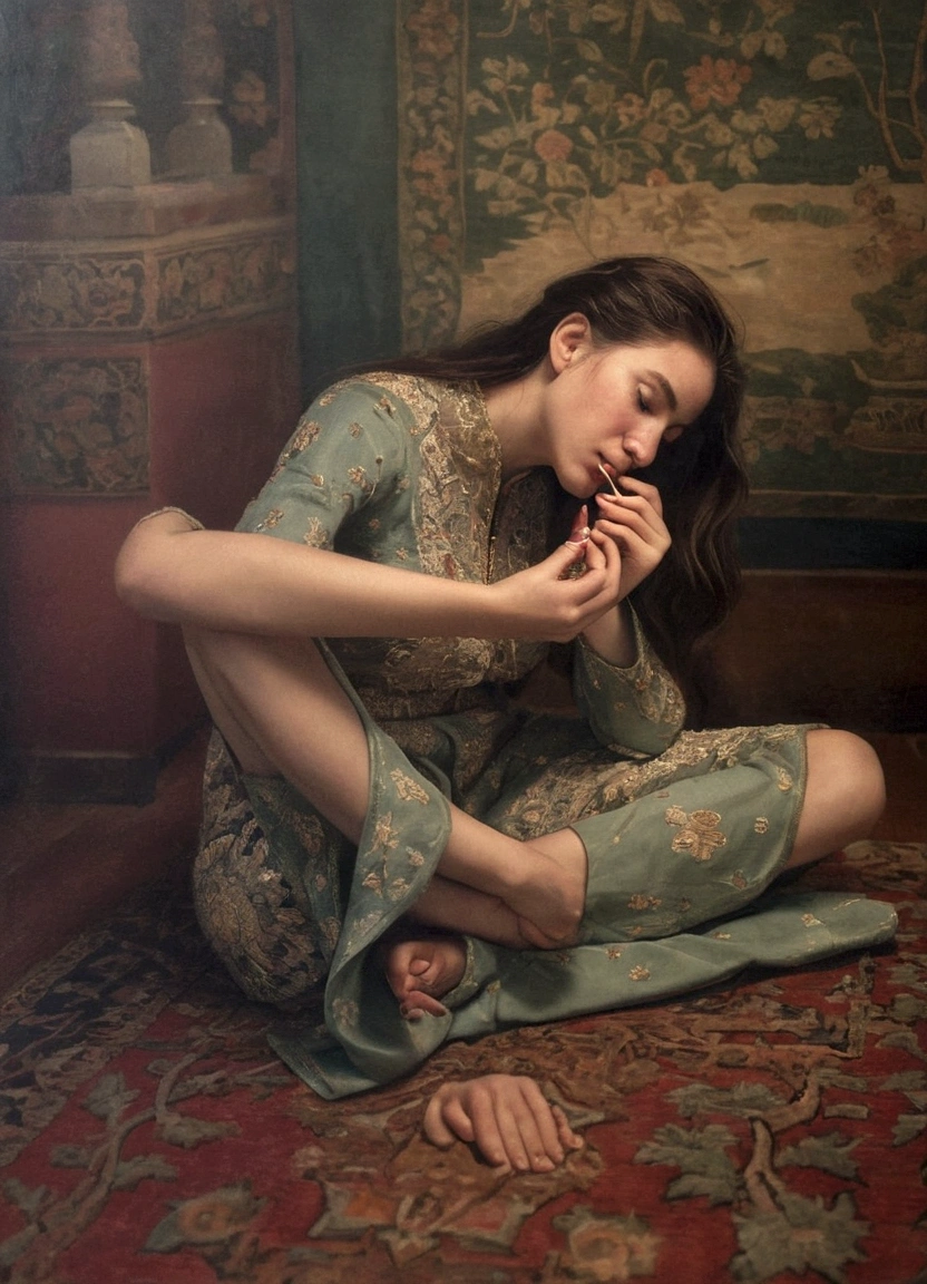 A captivating portrait of a young woman engaging in self-reflection, gently biting her toenail. She is dressed in floral attire with intricate details, and sits comfortably on a vibrant and elaborate rug. The background evokes a sense of natural surroundings with a muted color palette, giving off an atmosphere of warmth and intimacy.