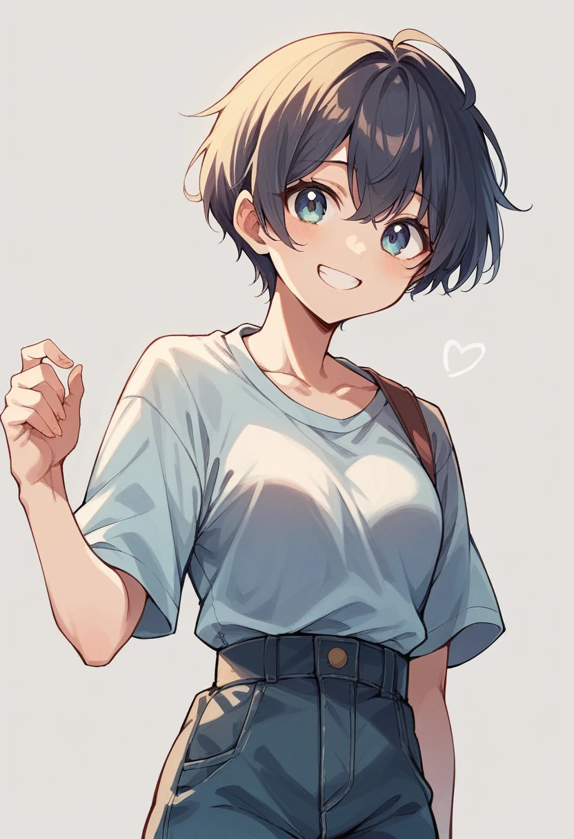 Highest quality、Super detailed、1 smiling cute anime girl、Short Hair、Cute clothes in light blue、Simple Background