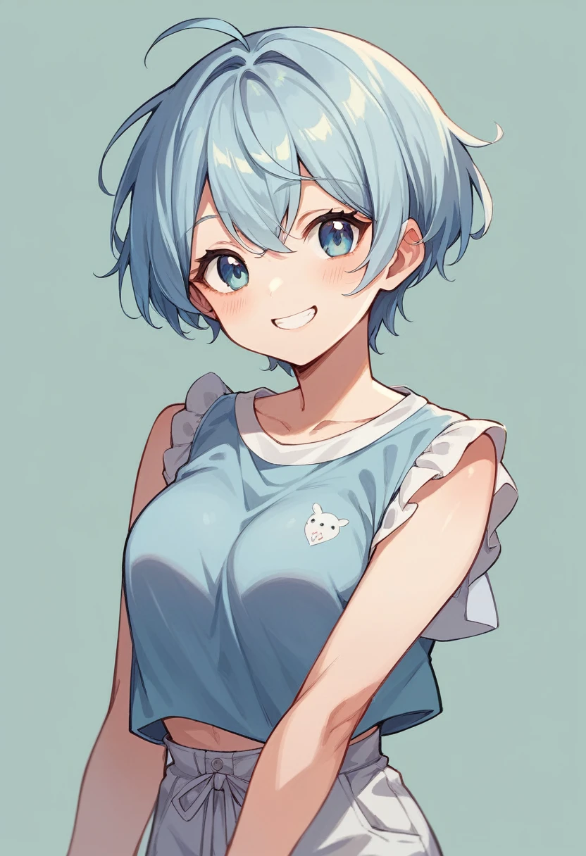 Highest quality、Super detailed、1 smiling cute anime girl、Short Hair、Cute clothes in light blue、Simple Background
