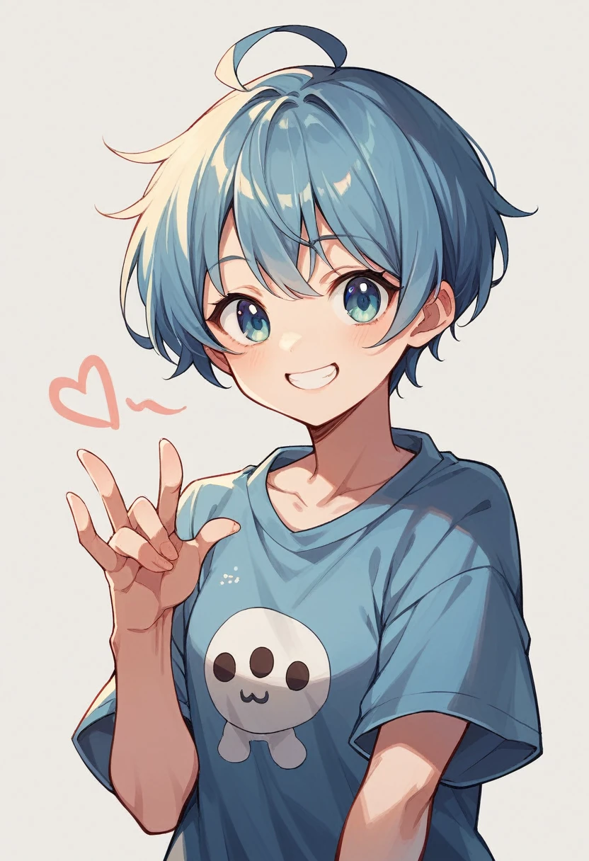 Highest quality、Super detailed、1 smiling cute anime girl、Short Hair、Cute clothes in light blue、Simple Background