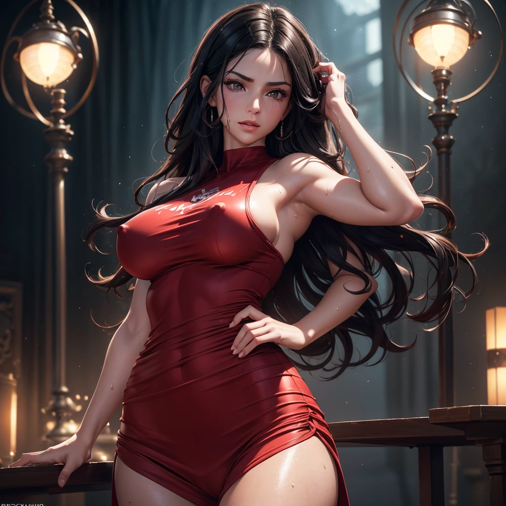 a beautiful hot and sexy Persian princess, fitted red athlete dress, long wavy black hair, pale skin, entire body covered in glistening sweat, sweat dripping from armpits, large breasts visible, nipples visible, hand on waist, entire body visible, detailed facial features, (best quality,4k,8k,highres,masterpiece:1.2),ultra-detailed,(realistic,photorealistic,photo-realistic:1.37),HDR,UHD,studio lighting,ultra-fine painting,sharp focus,physically-based rendering,extreme detail description,professional,vivid colors,bokeh,portrait