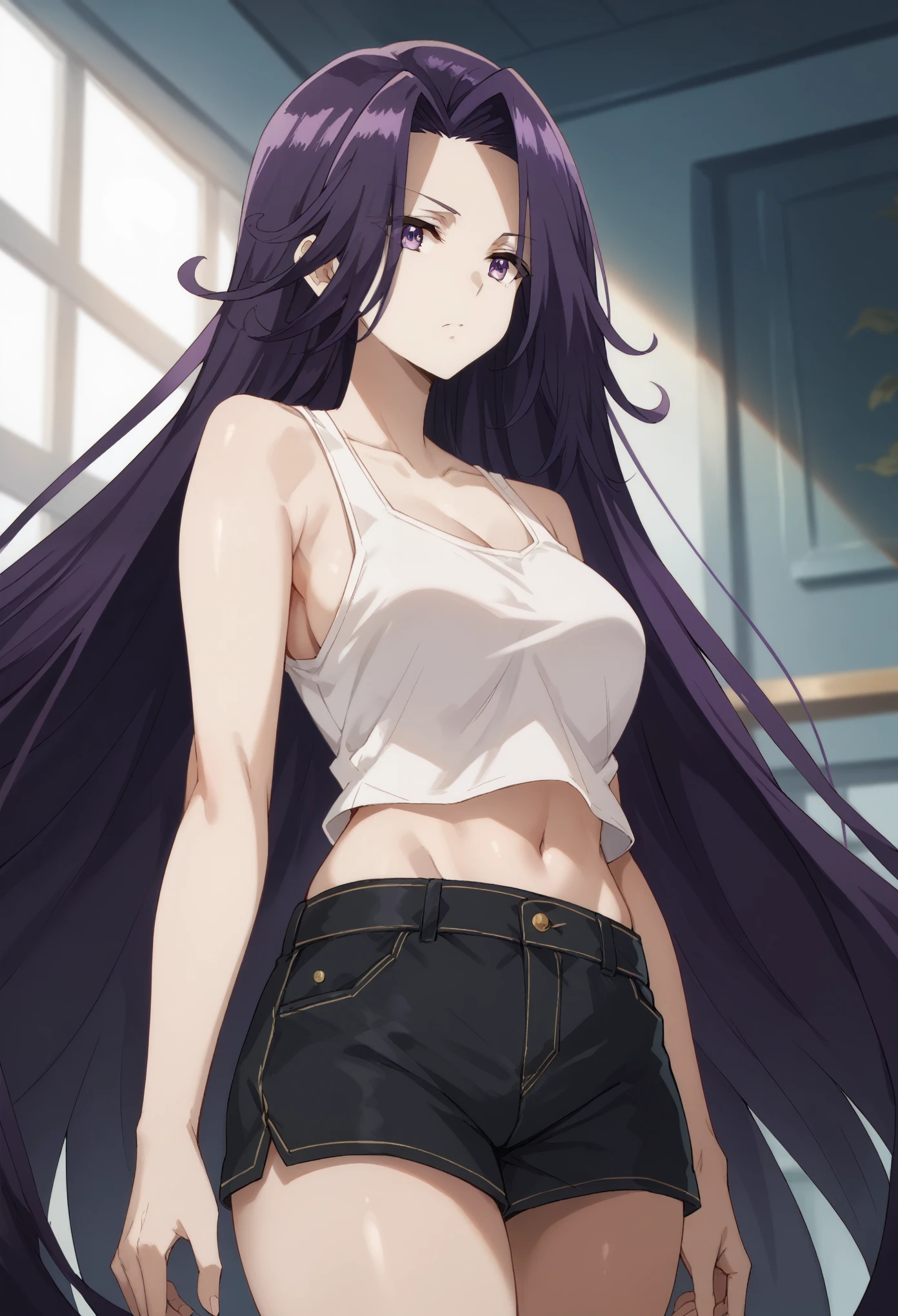 aurora,tall woman, long hair, purple hair, very long hair, purple eyes,white tank top,midriff,navel,black shorts
