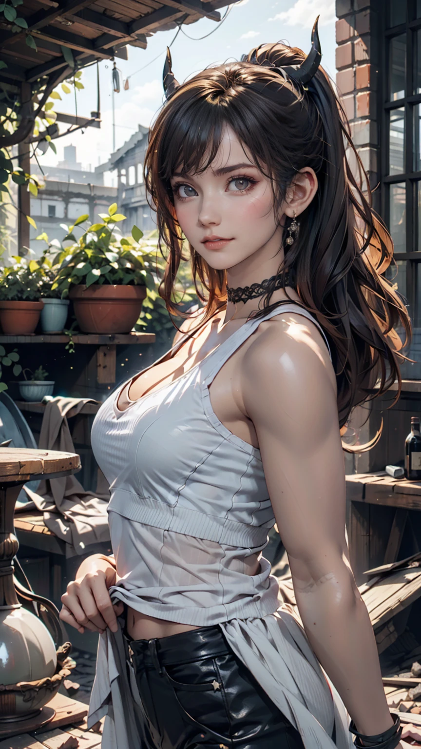 Black Hair, Short Ponytail, Fuji frame, Angel Halo, Devil horns, Variegated eyes, Pointed Ears, smile, Young people, Conceptual Art, realism, Chiaroscuro, Anatomically correct, Textured skin、Black tank top with logo、Lower milk visible、Navel visible、lace wristband、lacy black choker、Leather Hot Pantules、Destroyed and abandoned city ruins background(Collapsed Building、Plants are overgrown、Ivy-covered exterior wall)、Cowboy Shot
