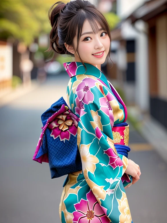 Photo-realistic quality、araffe dressed in a kimono standing on a path, wearing a kimono, wearing kimono, 色鮮やかなkimonoを着て, in kimono, japanese kimono, in a kimono, Japanese women, Young Japanese girl, kimono, Japanese style,, elegant Japanese women, wearing royal kimono、looking at the camera、Detailed and beautiful eyes、Cute smile、A soft and gentle look、An empty alley