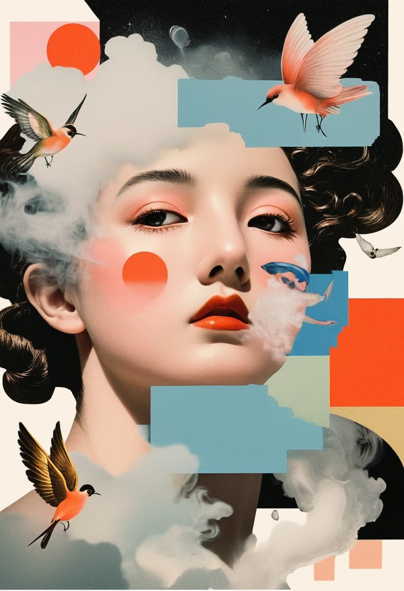 cupid themed, Surreal and strange dislocation art：Collage, There are many different things on the faces, light colors, Geometric Dislocation, Hollow, Artistic sense, Painting, paint, Simple, smoke effect, Collage, Conceptual art, Dadaism
