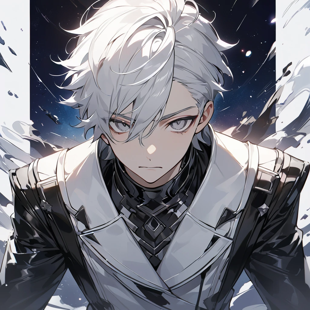 High quality, HD, 4k, no shadows, handsome male, 1male, 17 years old, teenager, short white hair, silver hair, white hair, sharp eyes, grey colored eyes, deep grey eyes, grey eyes, devil may cry, close up, calm expression, stoic expression, black leather clothes, white leather clothing, lean body, well trained body, upper body, looking at viewer, cowboy shot, white solar, space background