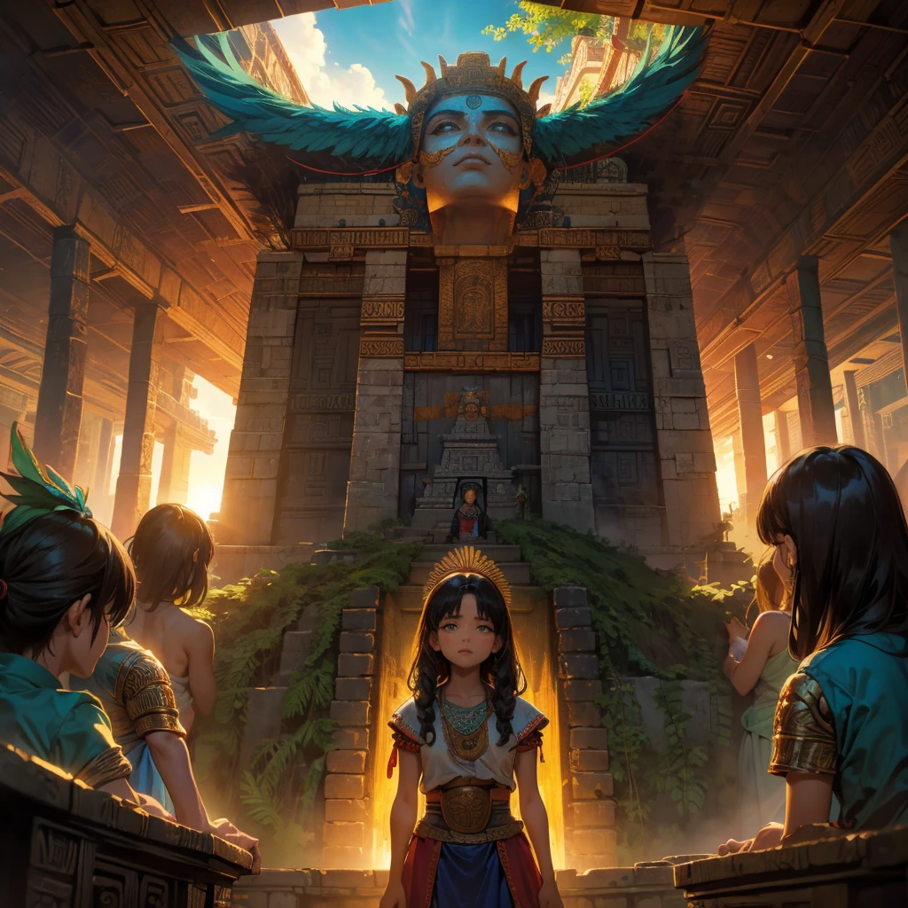 Childish, high quality、Very detailed、8Year、Mayan Aztec young priestess、Flying Feathered Serpent(Quetzalcoatl Kukulkan)Look up at the sky and pray、Temple of the Sun in the Forest of Chichen Itza、mysterious、The whole body is visible