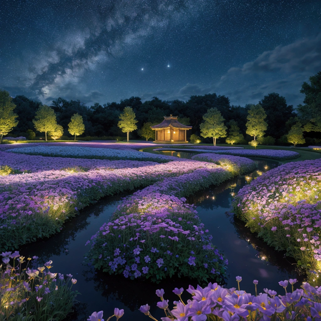 (Highly detailed CG Unity 8k wallpaper), The most beautiful works of art in the world, "Create a cinematic, dreamy, and beautiful realistic depiction of a vast flower field under a starry night. The landscape is enveloped in the darkness of midnight, with a sky full of stars casting a soft glow over the expansive flower field. The flowers, in a myriad of colors, stretch out as far as the eye can see, illuminated subtly by the starlight. The flowers exhibit a unique luminescence, with shades of blue, purple, Japanese style,white, and silver glowing softly in the dark. The gentle rustling of the flowers in the night breeze adds to the serene atmosphere. A faintly lit path winds through the flower beds, leading to small ponds and fountains that shimmer under the moonlight. In the distance, a mystical moon and countless stars enhance the tranquil beauty of the scene. At the edge of the flower field, ancient stone arches and statues stand, evoking the presence of a long-lost civilization. The depiction should capture the interplay between the night's darkness and the flowers' ethereal glow, creating a mesmerizing and enchanting scene that blends reality and fantasy.masterpiece,best quality,ultra detailed