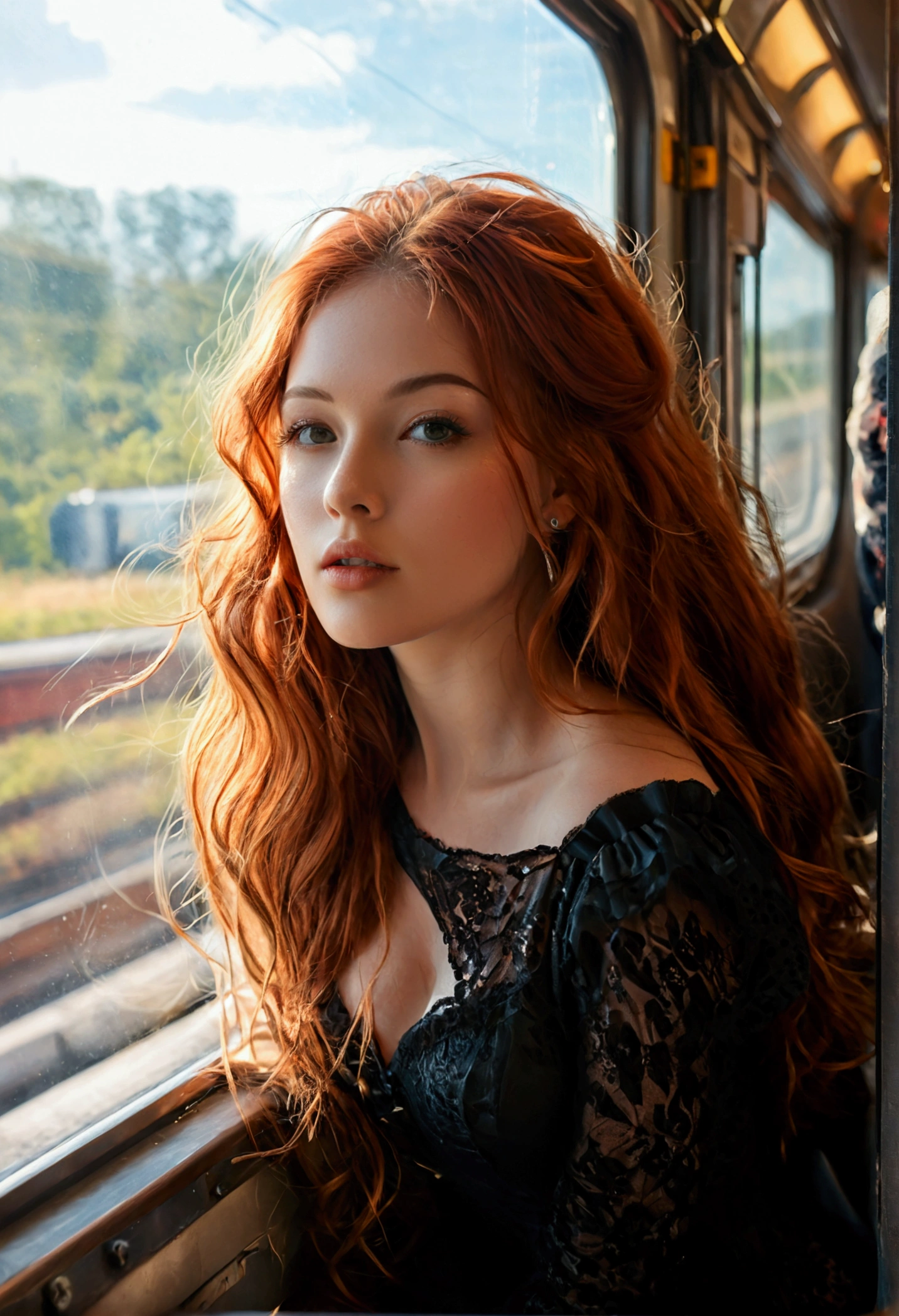 (full body shot:1.7) photorealistic image of a (standing pose:1.3) woman, ultra realistic, photography, long red hair, girl, 24 years old, hourglass figure, perfect body, natural medium breasts, blur background, smokey eye make-up, long eyelashes, looking seductive, seduction, dreamy look, full body, full body picture, full body shot, wide angle, wide angle picture, she is sitting in the train, outside it is a beautiful sunny day, through the open window of the train a fresh breeze comes in, she has wind in her hair, wind is blowing in her hair,