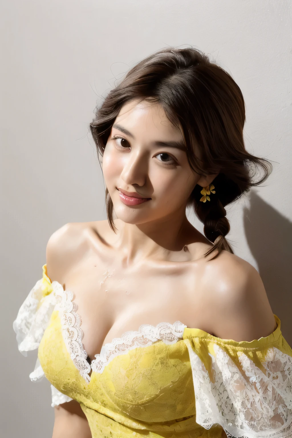 ((Highest quality, 8k, masterpiece: 1.3)), sharp: 1.2, Perfect Body Beauty: 1.6, ((Layered Hairstyles, Small breasts: 2.0)), (white and long legs: 2.0), (Yellow lace dress: 2.0, Off-the-shoulder dress: 2.0), (Bold cleavage: 2.0), ((Sideboob)), ((necklace)), Earrings, ring, Bracelet, Hair Accessories, ((Beautiful young  woman)), ((Straight nose)), (Eyeliner), Armpit Hair, Bristles, ((White and beautiful skin)), Wavy Hair, Beautiful attention to detail, Super detailed, Highly detailed face and skin texture, fine grain, double eyelid, Black Hair, Big Ass, Lower Body, Thighs, (((Skinny))), Wet and shiny lips, smile, Get a grip on your body, ((Anatomically correct human body)), ((Crisp body shape)), Ribs, clavicle, Protruding skeleton, A face without nasolabial folds, Shyness, Thin eyebrows, Big eyes, (from above: 2.0)