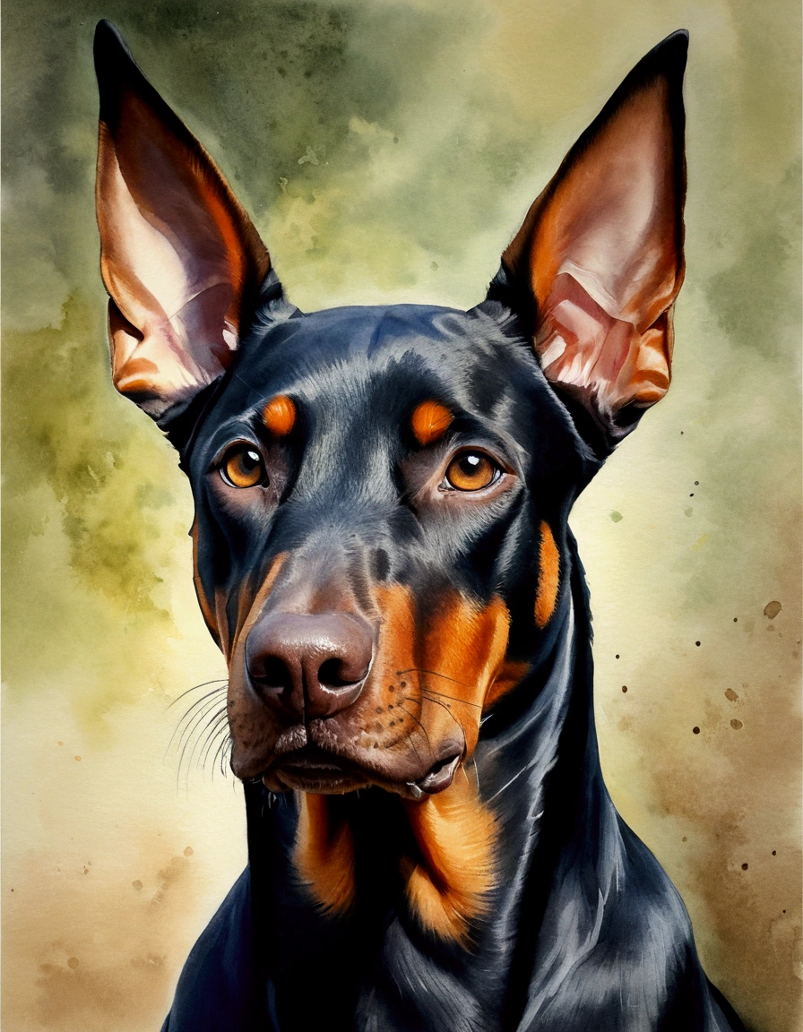 Doberman Pinscher Dog, Realistic Watercolor, Stunning Art, Painting of a cute puppy, by Deczko Uzunov, traditional art, beautiful painting, high quality portrait, in oil painting style, Wen Boren, gorgeous art, beautiful art, with a happy expression, Author: László Barlo, Portrait of a dog,Author: Ilya Ostrukhov, Author: Pavel Kruzha, High Quality Portraits, Author: Eugenius Zack, Amazing Art Work, Traditional Art, Portrait of a Dog, Detailed Portraits, Superb and Detailed Watercolors Rich Details, Fine Textures, Beautiful Digital Paintings, Digital Artworks, Digital Artworks