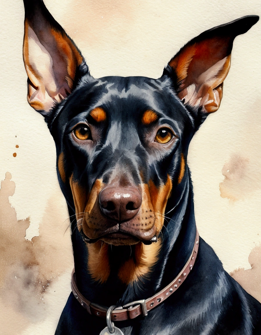 Doberman Pinscher Dog, Realistic Watercolor, Stunning Art, Painting of a cute puppy, by Deczko Uzunov, traditional art, beautiful painting, high quality portrait, in oil painting style, Wen Boren, gorgeous art, beautiful art, with a happy expression, Author: László Barlo, Portrait of a dog,Author: Ilya Ostrukhov, Author: Pavel Kruzha, High Quality Portraits, Author: Eugenius Zack, Amazing Art Work, Traditional Art, Portrait of a Dog, Detailed Portraits, Superb and Detailed Watercolors Rich Details, Fine Textures, Beautiful Digital Paintings, Digital Artworks, Digital Artworks