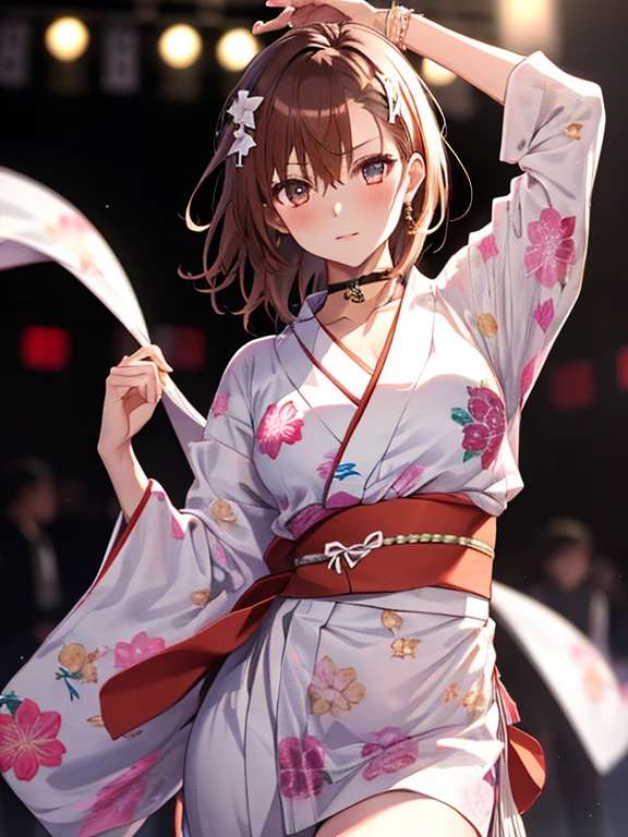 (Dancer:1.5), yukata, The background is a festival, Misaka Mikoto, One girl, Black choker, 超High resolution, retina, masterpiece, Accurate, Anatomically correct, Textured skin, Super Detail, Attention to detail, high quality, 最high quality, High resolution, 4K