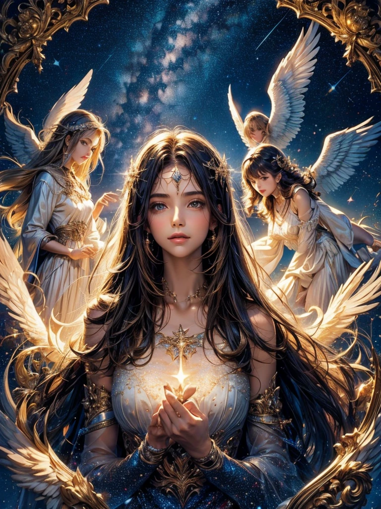 An angelic woman is in the middle, looking straight ahead. The background is an image of love with a starry sky