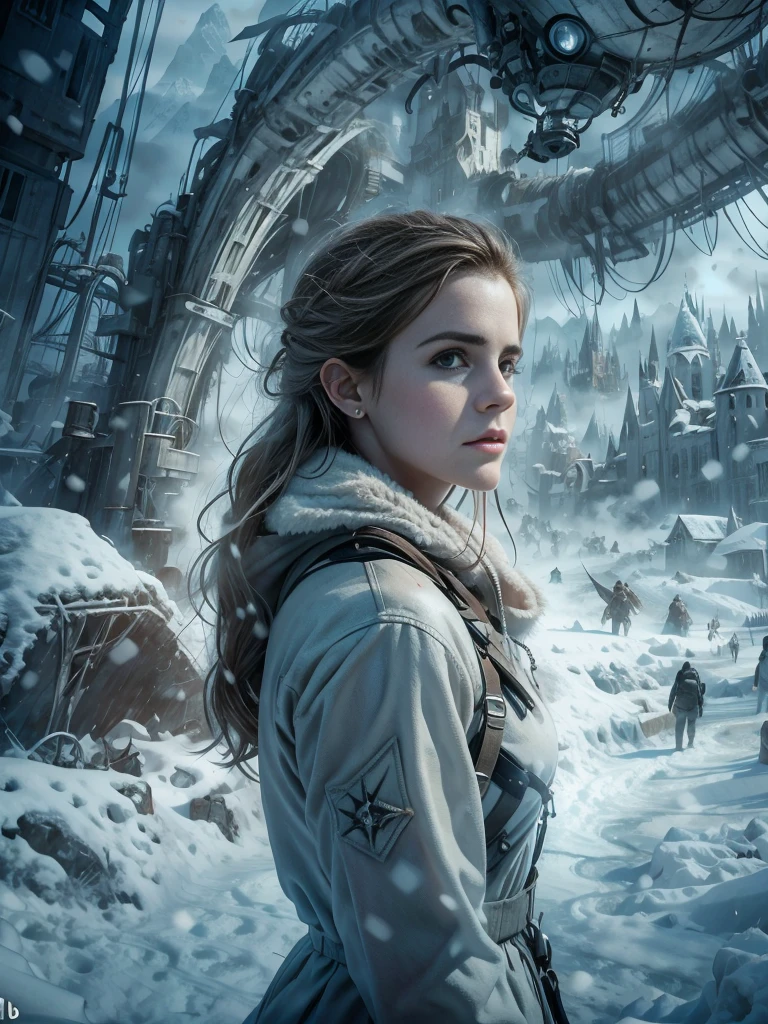 (Emma watson, detailed, 8k, photorealistic, cinematic lighting, dramatic lighting, portrait), (apocalyptic,snowy winter landscape), (beautiful young woman, 23 years old, gorgeous european features,cleavage,long wavy brown hair,intense gaze,elegant pose), (giant futuristic spacecraft,high-tech shuttle,cold icy environment),
