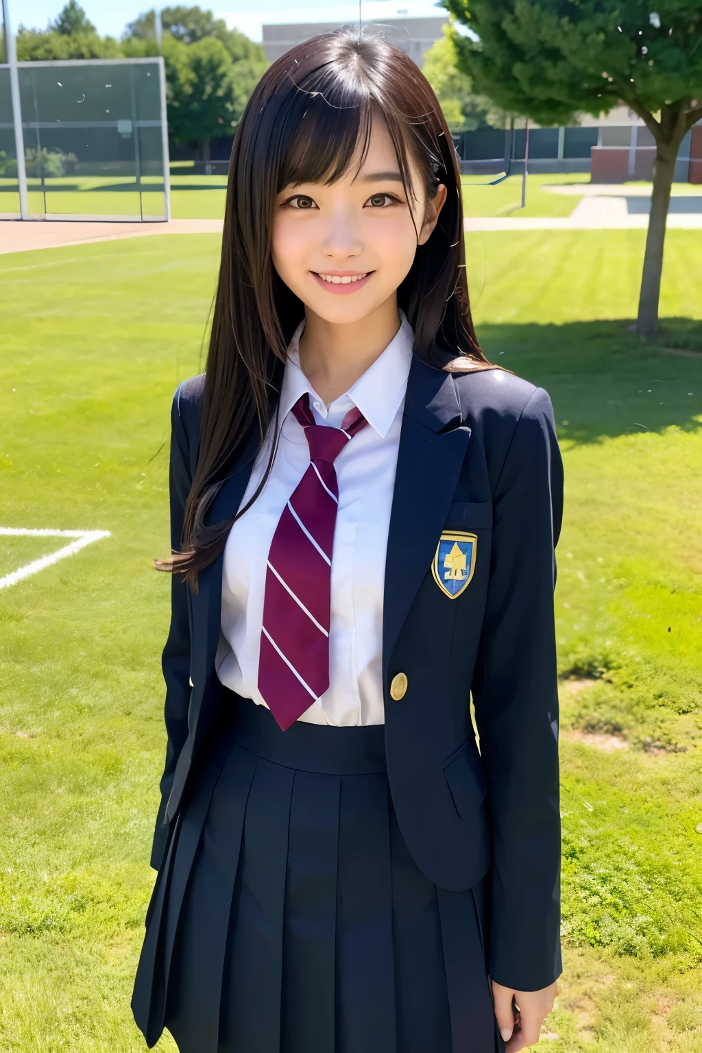 A high school girl standing in an empty schoolyard、Cute face like an idol、Long black hair、Uniform summer uniform、miling、Full body portrait