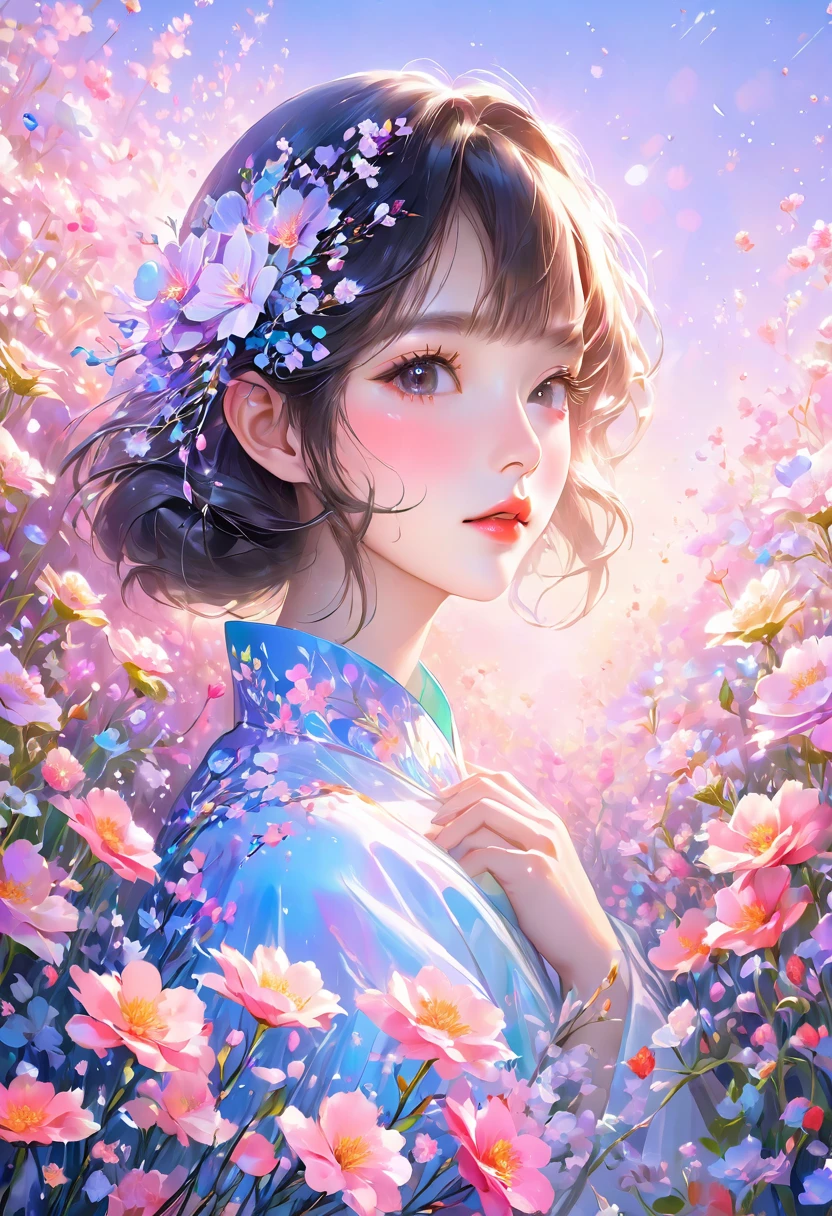 Masterpiece High resolution Beautiful girl profile Transparent flowers close to face with both hands Fantastic flower field Night Korean style makeup Mature Older sister Eye makeup