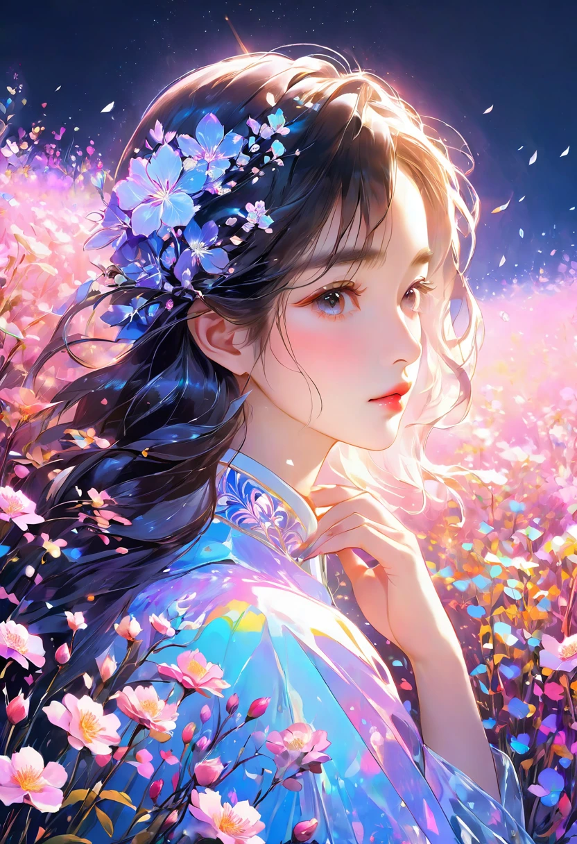 Masterpiece High resolution Beautiful girl profile Transparent flowers close to face with both hands Fantastic flower field Night Korean style makeup Mature Older sister Eye makeup