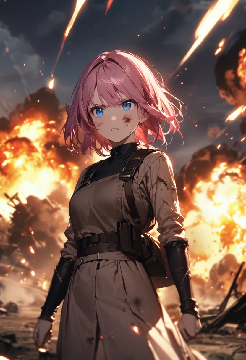 Rebels、civil war、resistance、explosion、Injury、Girl with pink hair、blue eyes、Twin Drill、A scene from a movie
