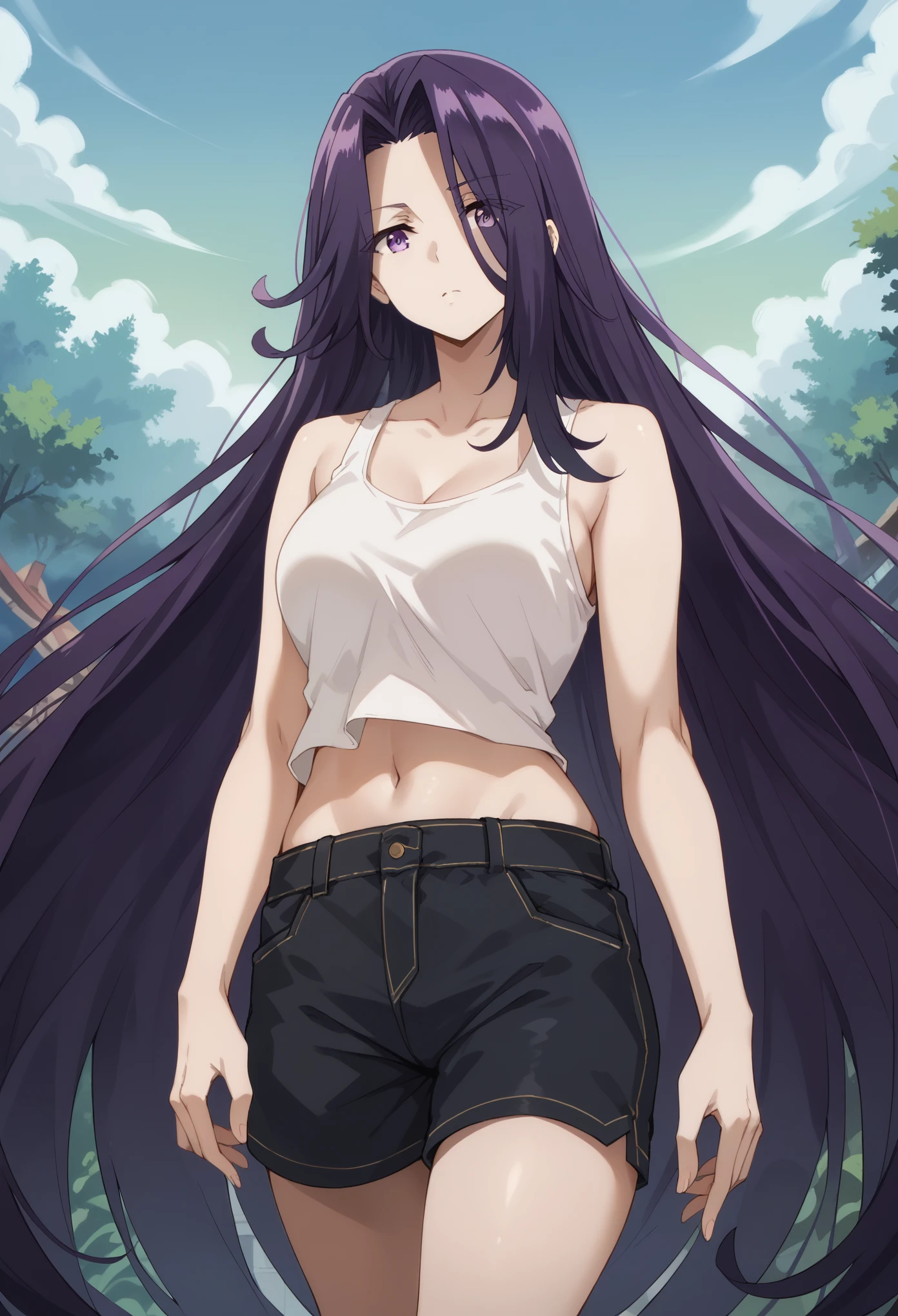 aurora,tall woman, long hair, purple hair, very long hair, purple eyes,white tank top,midriff,navel,black shorts
