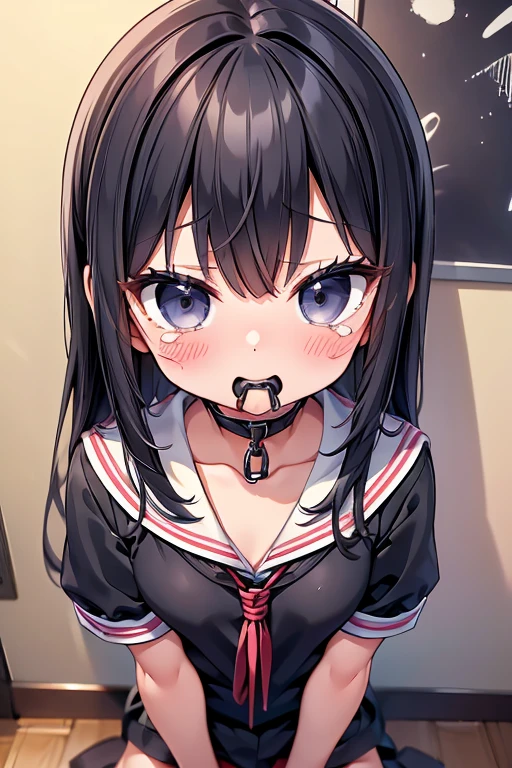 One person、Long Hair、、Black Hair、With bangs、6 year old girl、small、1st grade elementary school students、Baby Face、tears、Crying face、Big eyes、barefoot、black eye、cute、thin、凄くsmall胸、身長のsmall、Spread your legs 、Night view、skin only、Show your whole body、On all fours、((Chained to the wall by a collar))、(((Rope Bondage,))) , ((Ball gag))、((Upper body naked))、