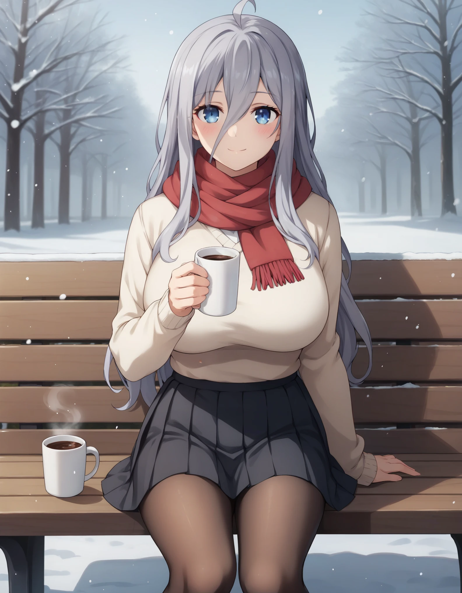 a beautiful girl holding a mug of coffee sitting on a bench outside, red scarf, 1girl, solo, pantyhose, white sweater, skirt, smile, scarf, sweater, holding, ahoge, looking at viewer, cup, outdoors, sitting, blush, long hair, snow, long sleeves, black skirt, brown pantyhose, black pantyhose, bangs, pleated skirt, closed mouth, big breasts, holding cup, sidelocks,reina murasame, long hair, blue eyes, grey hair, hair between eyes,