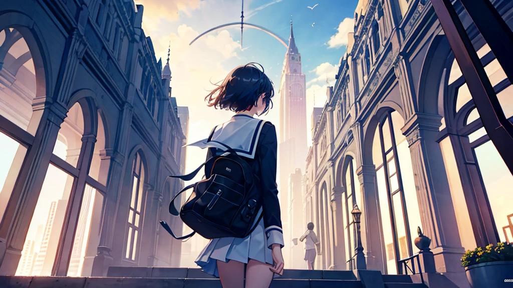 8K , best quality:2 , masterpiece:2 , BREAK , official art , BREAK , back view ,a girl , school , looking up:1.5 , BREAK  , countless Skyscraper:1.2 , sky, city , BREAK , Volumetric lighting 2 