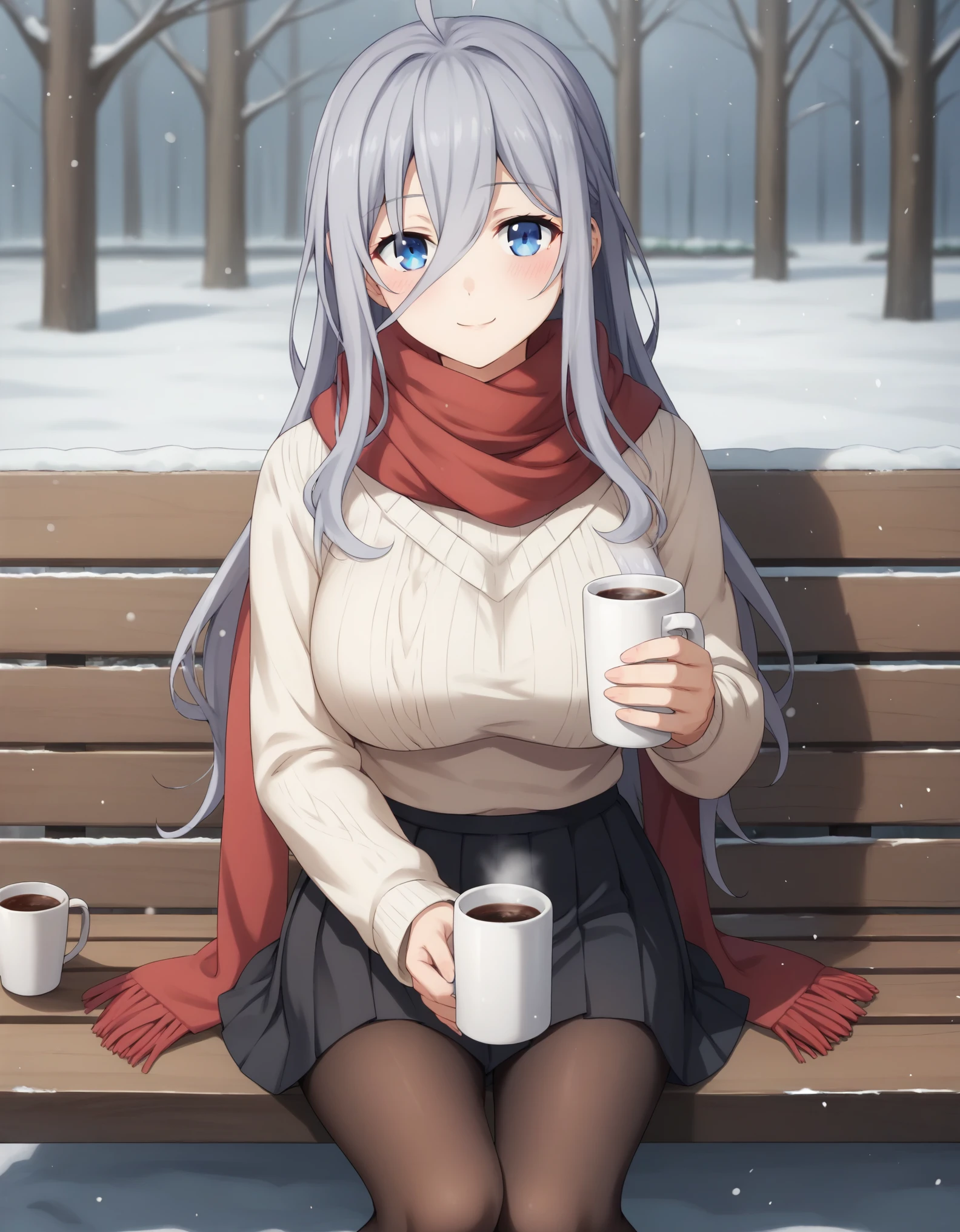 a beautiful girl holding a mug of coffee sitting on a bench outside, red scarf, 1girl, solo, pantyhose, white sweater, skirt, smile, scarf, sweater, holding, ahoge, looking at viewer, cup, outdoors, sitting, blush, long hair, snow, long sleeves, black skirt, brown pantyhose, black pantyhose, bangs, pleated skirt, closed mouth, big breasts, holding cup, sidelocks,reina murasame, long hair, blue eyes, grey hair, hair between eyes,