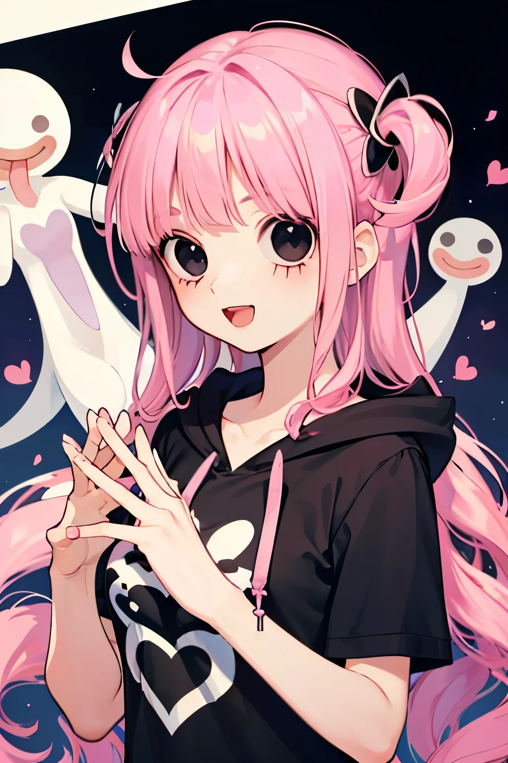 beautiful cute girl,(pink hair:1.2),(drill wave hair:1.1),(black eyes:1.2),(ghost princess:1.1),(short sleeve hoodie:1.2),((lace:1.2)),smile,(open your mouth:1.1),(hands heart:1.0),(beautiful hands:1.25),(メロメロメロー♡♡♡♡♡:1.2).