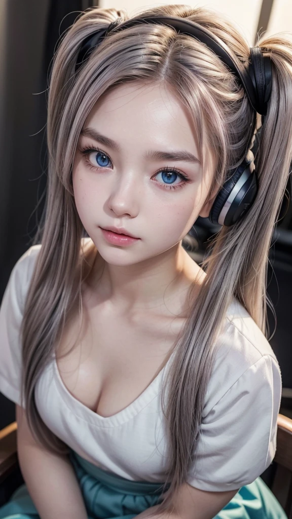 (A photo was posted on social media of a beautiful girl in a white shirt and blue skirt, wearing headphones and recording with a microphone in a recording studio, with a seductive expression.) (The beautiful girl is , of 18% Japanese, 26% French, and 56% Ukrainian descent, 178 cm tall, with a small bust but a good figure and a beautiful, well-balanced figure.) (Her hair is pink ash gray and very long, tied in twin tails with black ribbons and curling in a spiral towards the ends.) (Her eyebrows are the same color as her hair, thin, slightly thick and short, and her eyelashes are long.) (Her large blue eyes reflect the light of the lighting and are amazingly beautiful like pearls.) (Her nose is high like an English person, her lips are plump and shaped in a way that makes you want to kiss them, her skin is translucent white, and the balance between her head and face is in line with traditional Japanese aesthetics.) The number of fingers is neither too many nor too few, and they are expressed very delicately. (Single, Masterpiece, Ultra Detailed, Highest Quality, Artistic Composition, Ultra Precision, Realistic, Photorealistic, High Resolution, Dynamic Lighting Effects, Golden Ratio, Surreal). Try your best to meet all these criteria.