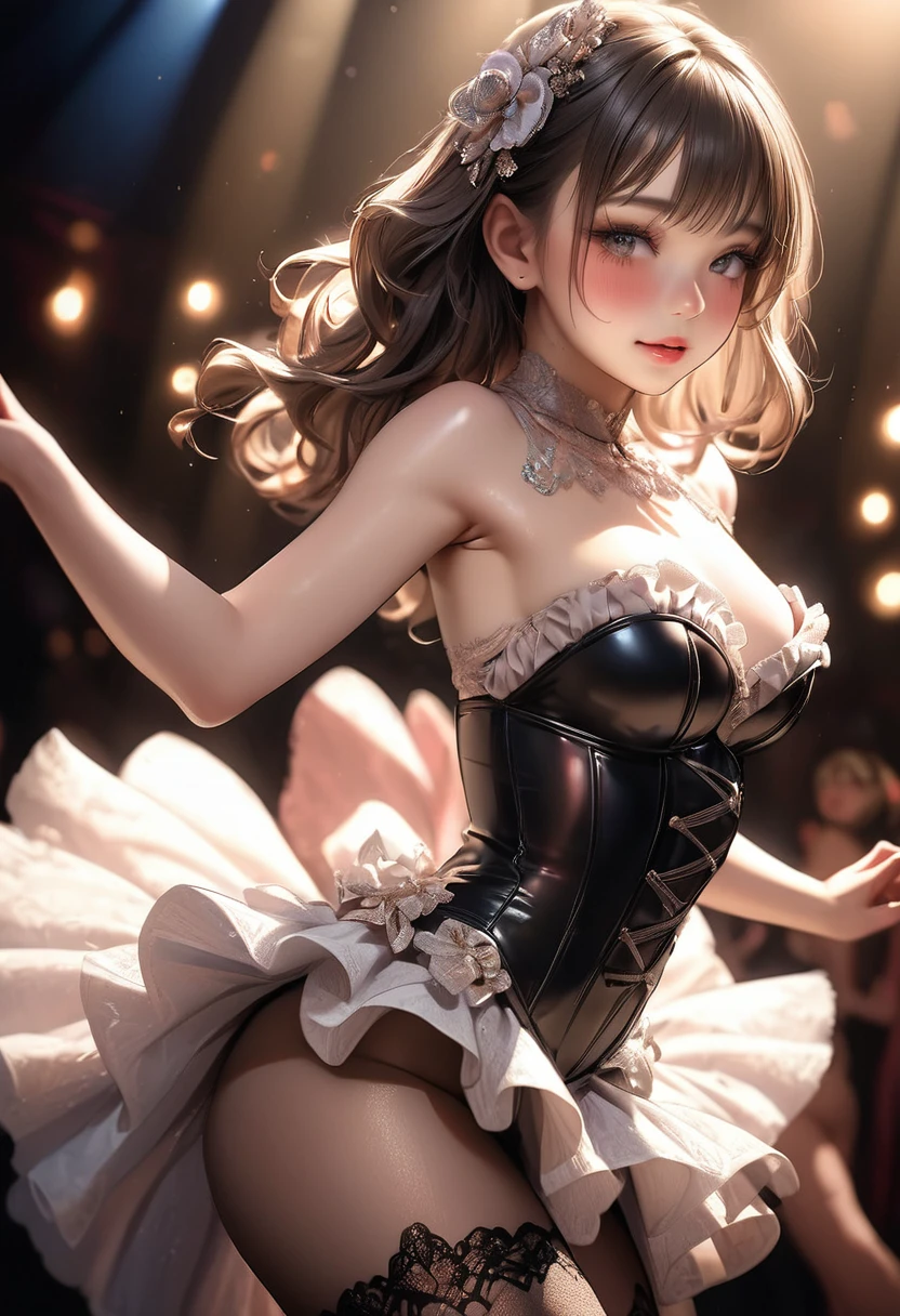 burlesque dance scene, wearing intricate corset with frills dress, lace stockings, beautiful cute burlesque dancer, (highest quality,32k,highres,masterpiece:1.2),ultra-detailed,(hyper-realistic,photo-realistic:1.37),captivating dance moves, graceful poses, sensual expressions, dramatic lighting, cinematic camera angles, rich colors, chiaroscuro lighting, glamorous stage, seductive atmosphere, mesmerizing performance, blushed cheek, beautiful cute face and eyes, beautiful delicate longeyelash, so cute sensual face, face focus:1.4, from side