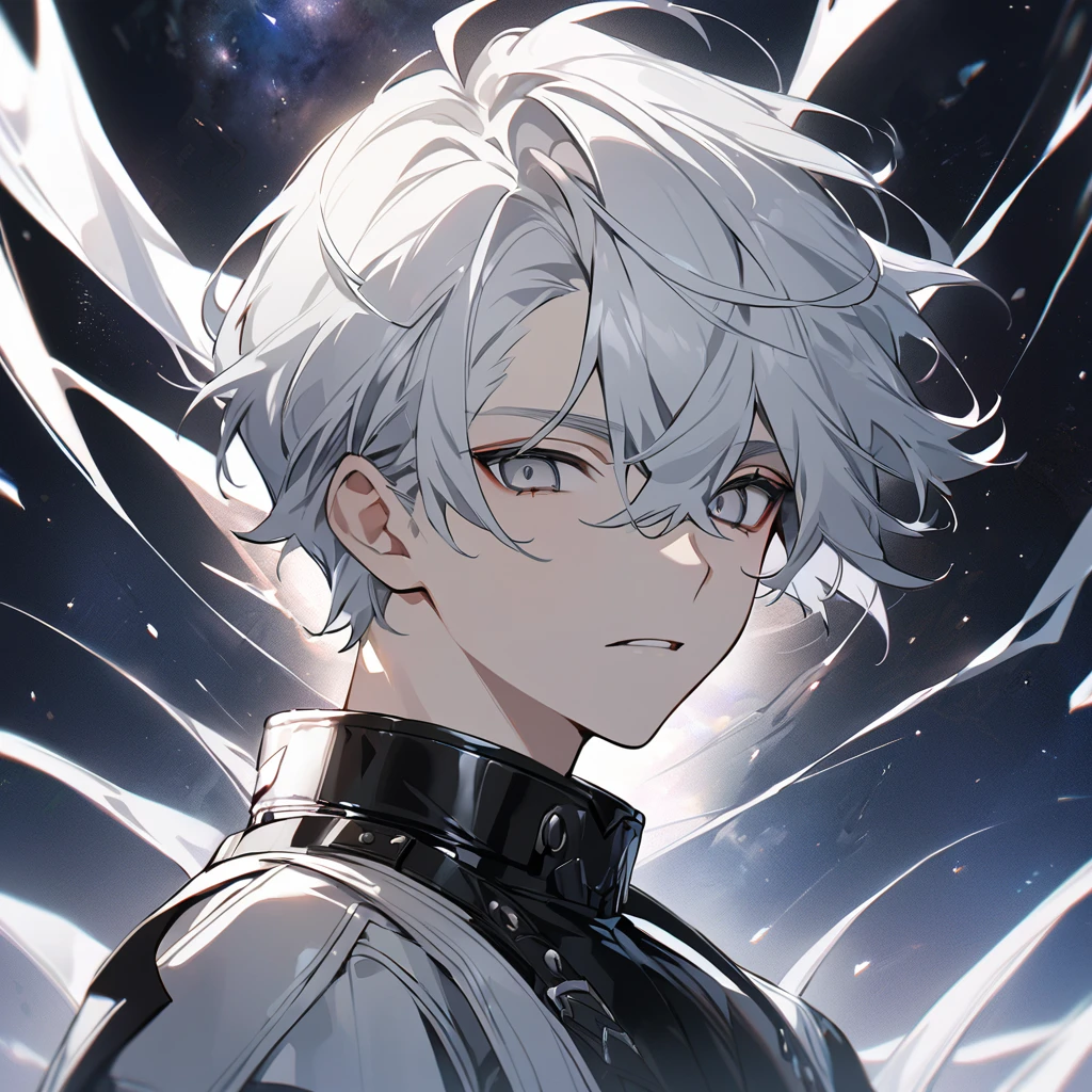 High quality, HD, 4k, no shadows, handsome male, 1male, 17 years old, teenager, short white hair, silver hair, white hair, sharp eyes, grey colored eyes, deep grey eyes, grey eyes, devil may cry, close up, calm expression, stoic expression, black leather clothes, white leather clothing, lean body, well trained body, upper body, looking at viewer, cowboy shot, white solar, space background