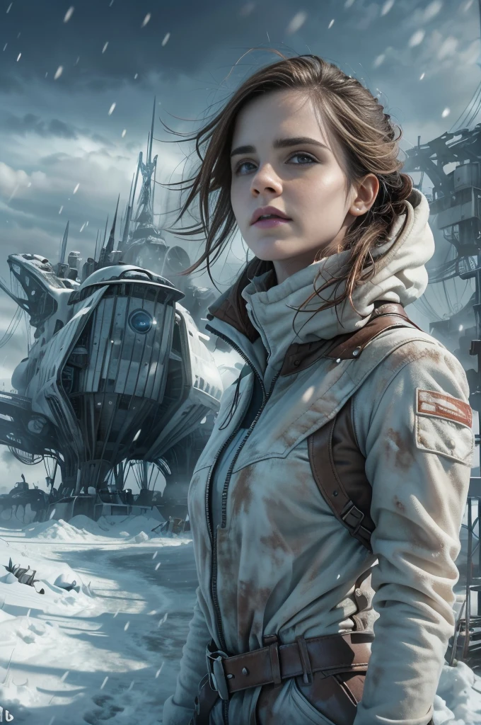 (Emma watson, detailed, 8k, photorealistic, cinematic lighting, dramatic lighting, half body shot), (apocalyptic,snowy winter landscape), (beautiful young woman, 23 years old, gorgeous european features,cleavage,long wavy brown hair,intense gaze,elegant pose), (giant futuristic spacecraft,high-tech shuttle,cold icy environment),