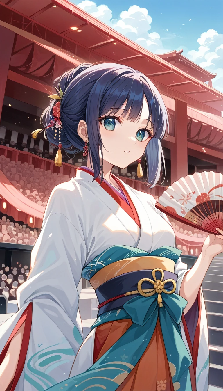 (bluish navy hair:1.2),(short-cut:1.2),(Light red eyes:1.25),(With bangs),(First visit to a shrine:1.25),(colourfull:1.2),(Staring at me),(Japanese pattern clothing:1.4),(accessories like flowers and crystals:1.3),(Lower breast:1.5),(Transparent double sleeve long sleeves:1.5),(chest protruding from clothes,:1.4),(huge smile:1.3),(Smile with open mouth:1.35),(kawaii pose:1.35),Slight red tide,(Kamimei),(Close-up of face 1.7),(black and red and blue and purple:1.25),(front view:1.6),