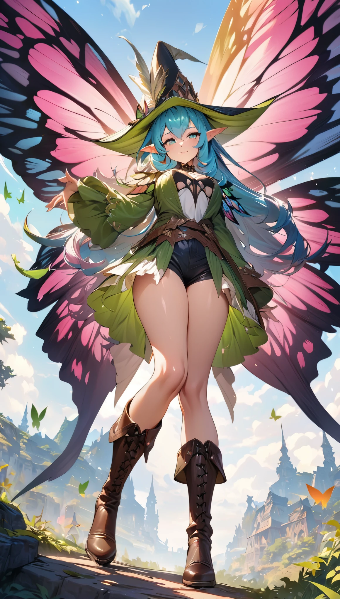 ((best quality)), ((masterpiece)), (detailed), swallowtail butterfly wings, big wings, pointed hat, multicolored hair, big hair, green clothes, leather boots, Spread colorful feathers, Fantasy art, fantasy anime, from below, pointy ears