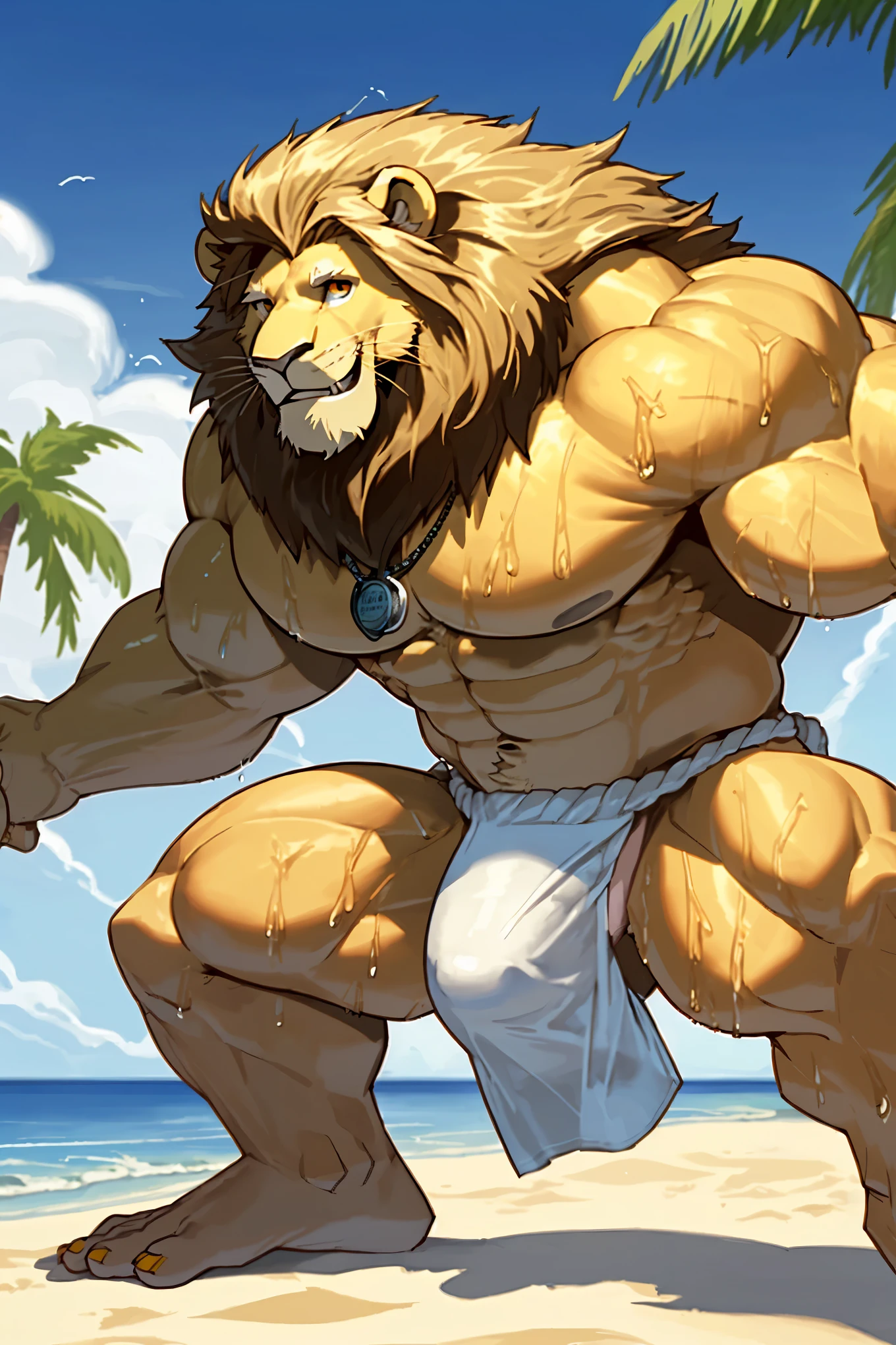 Lifesaver Lion、Huge penis silhouette、Huge scrotum silhouette、fundoshi、Great smile、Side view、Great smile、Male lion、Beach Background、Tropical Island、Golden Mane、Beach、Hands touching the crotch、巨大に膨らんだfundoshi、Pose with wide open crotch、Very wet body、Abnormally large muscles、Very beautiful abs、abnormally developed muscles、Golden big eyes、Sharp toenails,、Composition looking up from below、A flock of gulls、White, shiny teeth、necklace、Palm tree