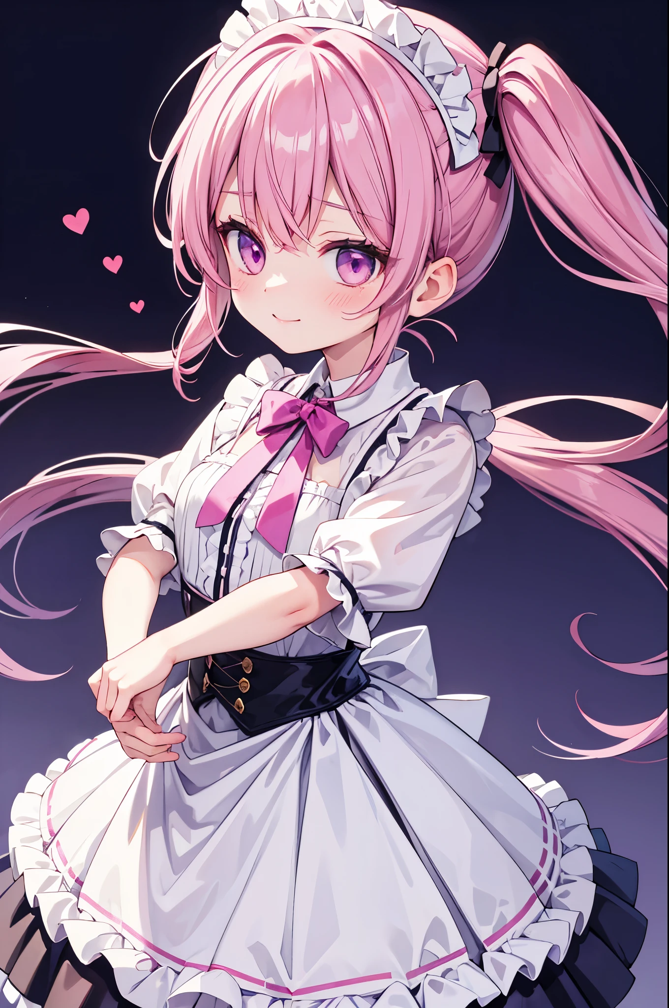 high resolution,smile,woman,woman1人,adult,cute, Twin tails, Pink Hair,BREAK,
Purple eyes,BREAK,Maid clothes,BREAK,Facing forward,BREAK,Light blue background,