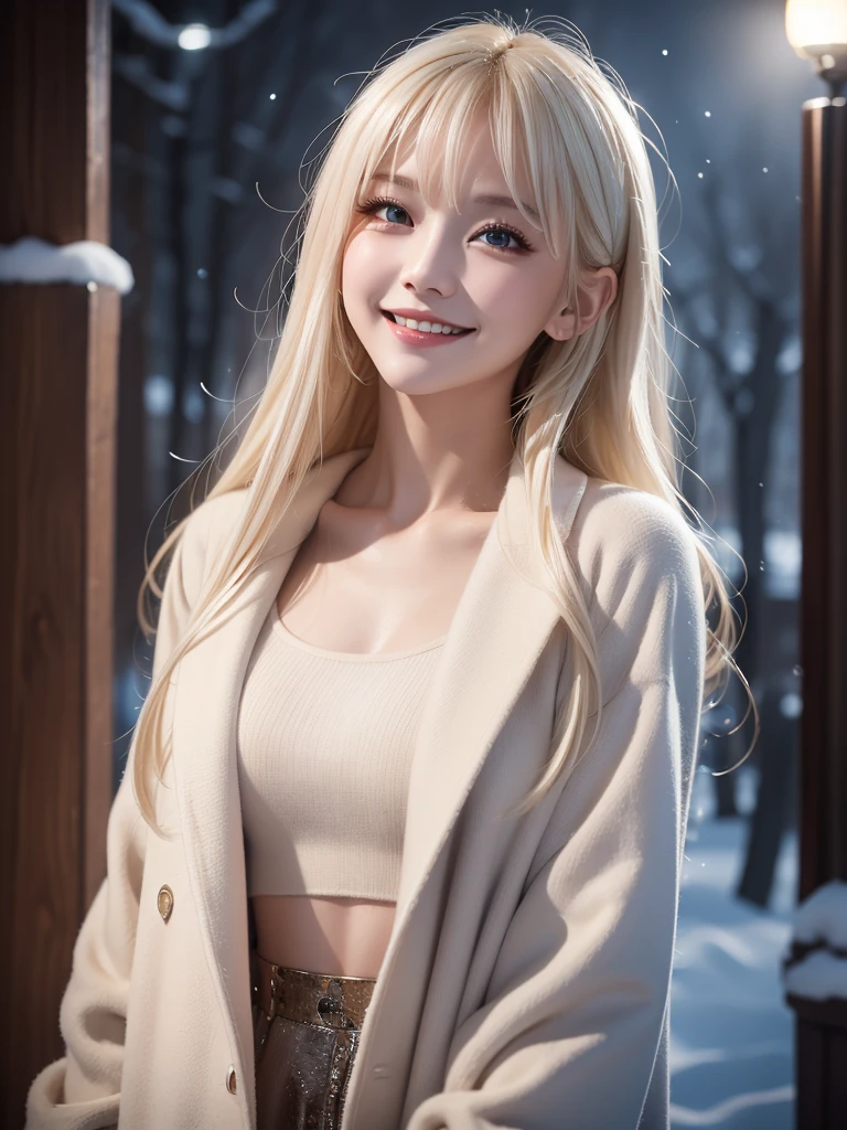 (masterpiece), (Highest quality), One girl, (Perfect Face:1.2), (Beautiful Face:1.2), Platinum Blonde Hair, (From below, Upper Body:1.3), Happy, A light smile, View your viewers, Pause, 
winter coat, Outdoor, winter, snow, at night, Complex, Depth of written boundary, Cinema Lighting,