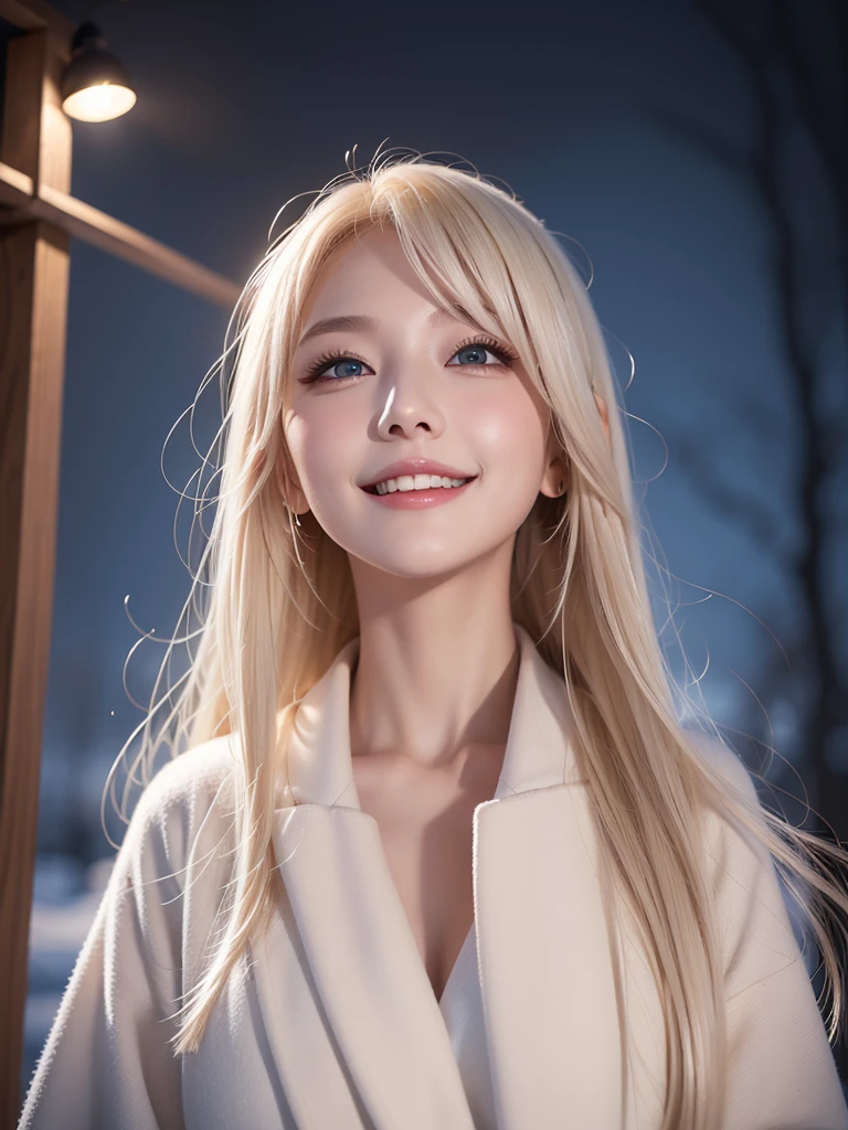 (masterpiece), (Highest quality), One girl, (Perfect Face:1.2), (Beautiful Face:1.2), Platinum Blonde Hair, (From below, Upper Body:1.3), Happy, A light smile, View your viewers, Pause, 
winter coat, Outdoor, winter, snow, at night, Complex, Depth of written boundary, Cinema Lighting,