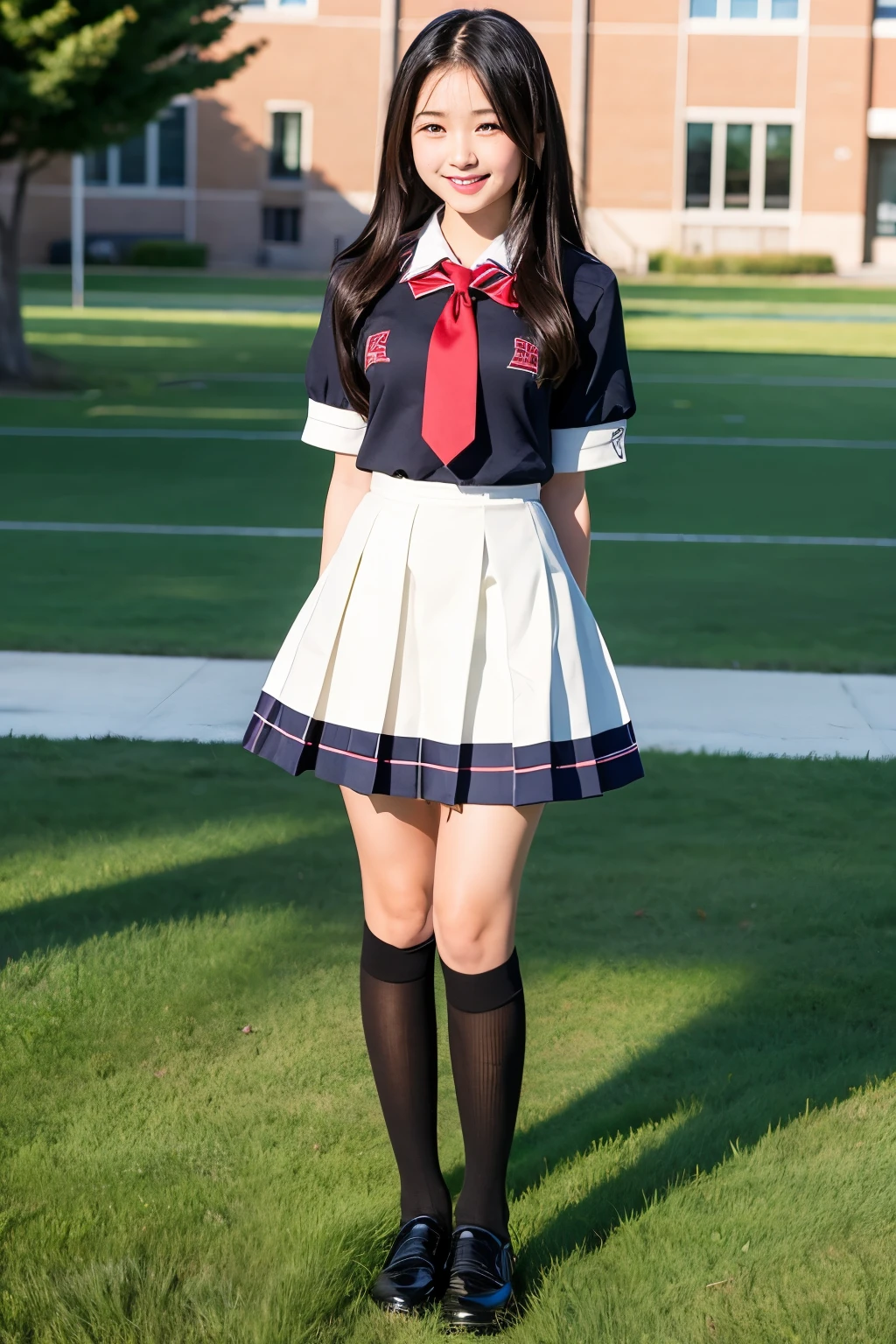 A high school girl standing in an empty schoolyard、Cute face like an idol、Long black hair、Uniform summer uniform、miling、Full body portrait